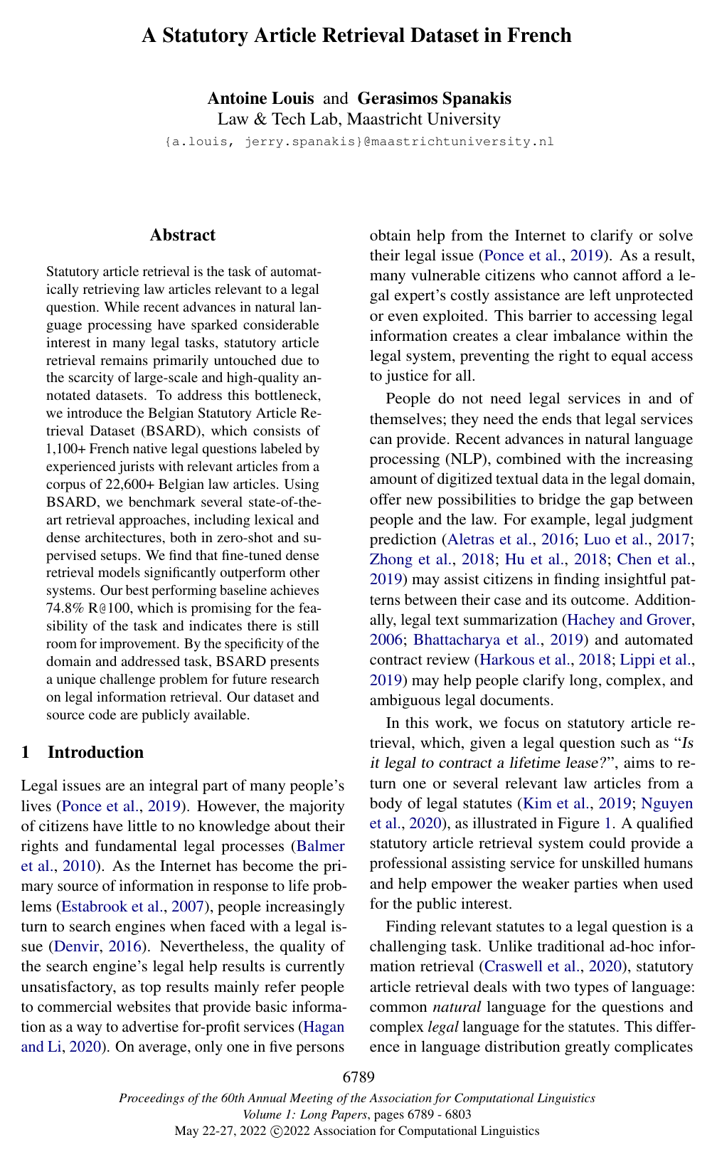 A Statutory Article Retrieval Dataset in French