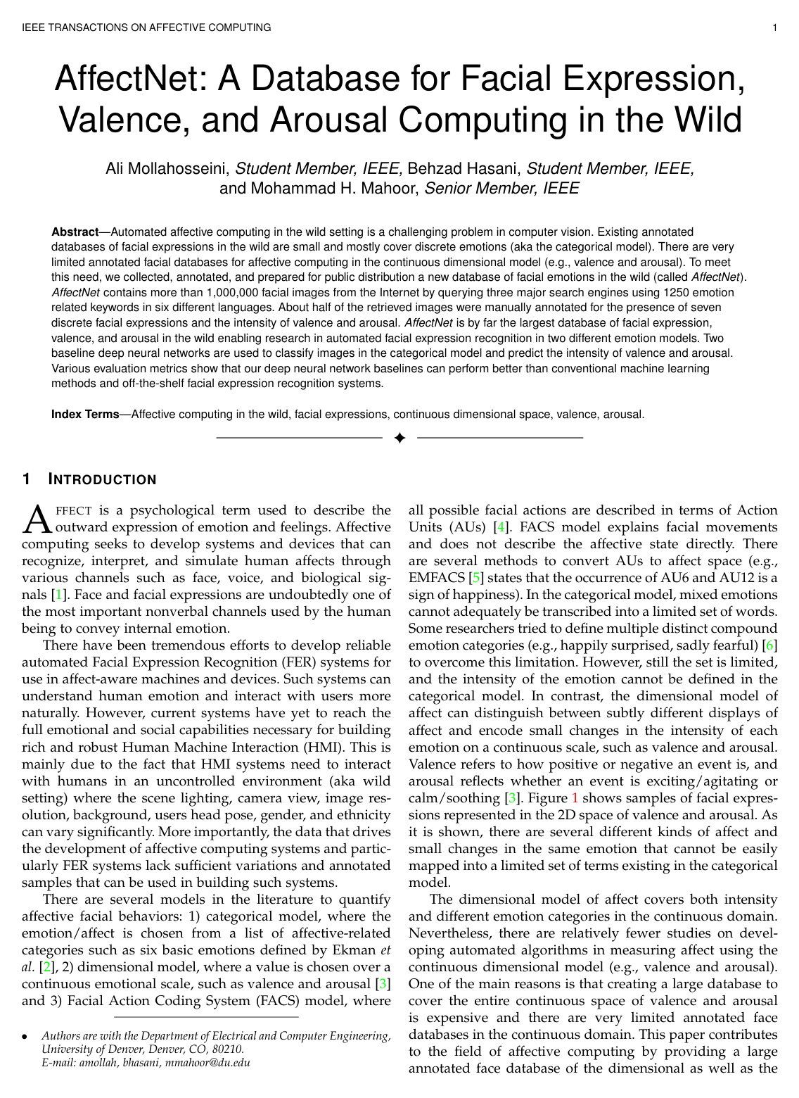 Cover for AffectNet: A Database for Facial Expression, Valence, and Arousal Computing in the Wild