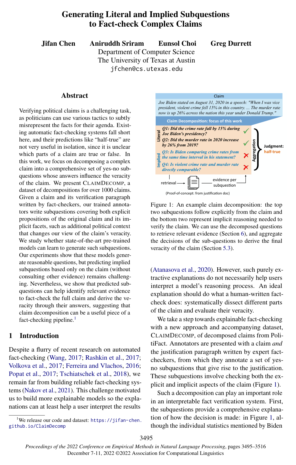 Cover for Generating Literal and Implied Subquestions to Fact-check Complex Claims