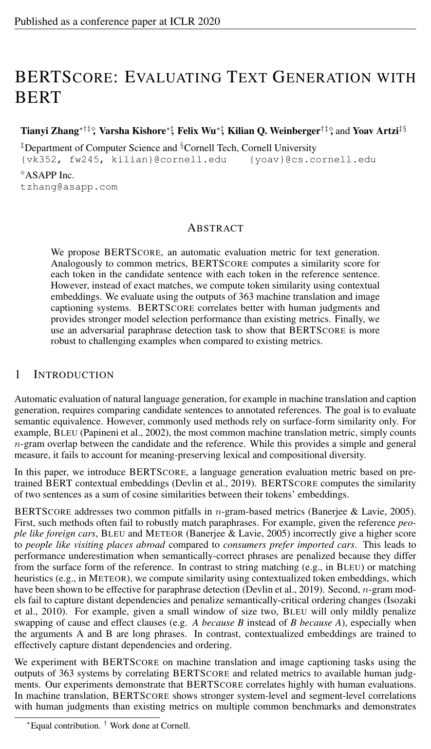 BERTScore: Evaluating Text Generation with BERT