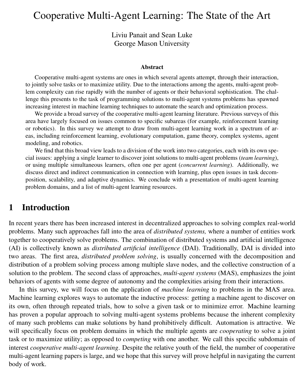 Cover for Cooperative Multi-Agent Learning: The State of the Art