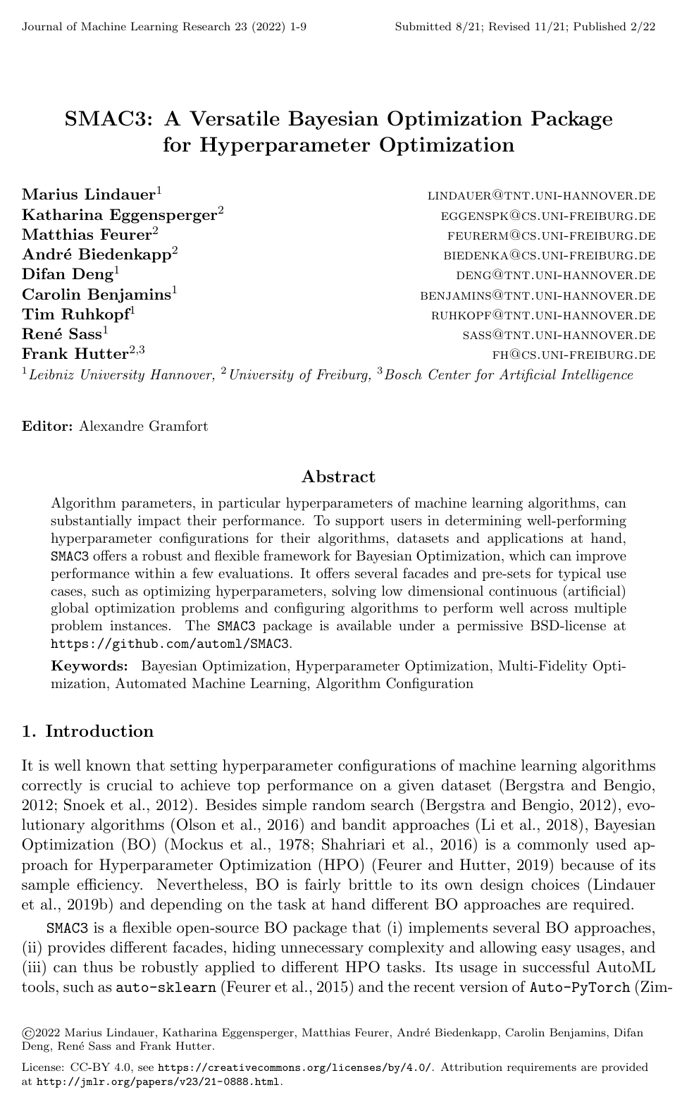 Cover for SMAC3: A Versatile Bayesian Optimization Package for Hyperparameter Optimization