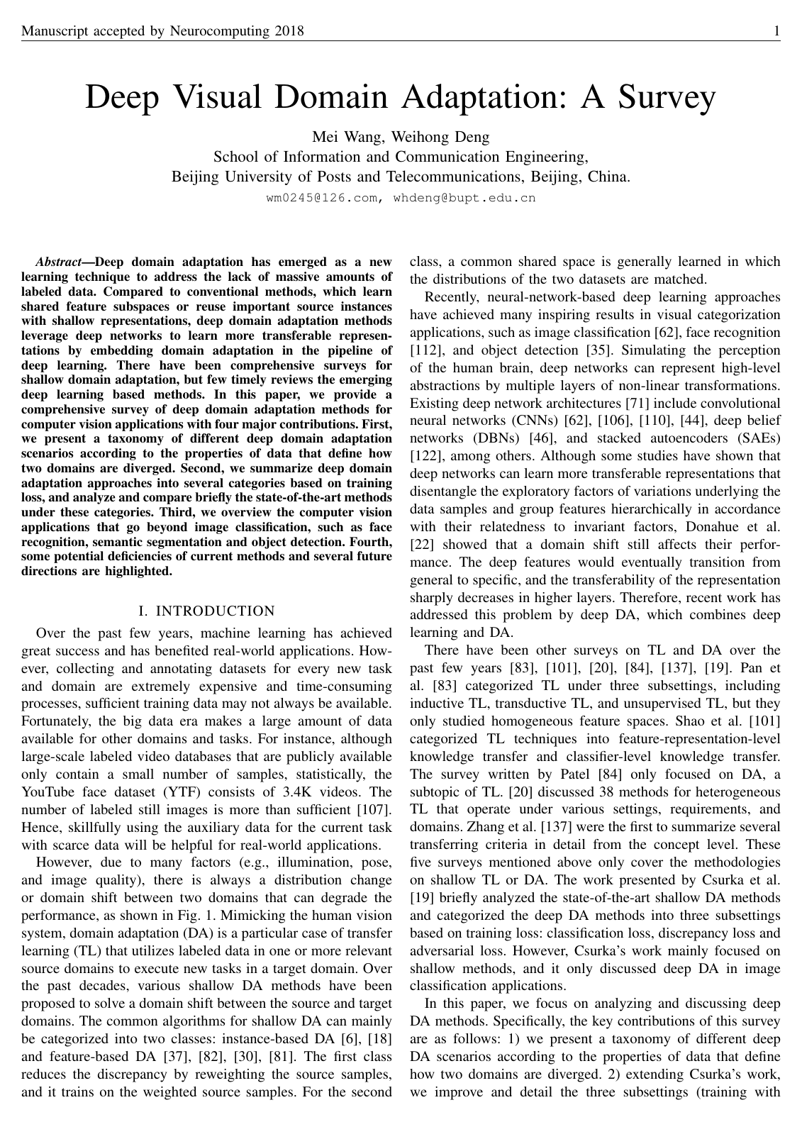 Cover for Deep Visual Domain Adaptation: A Survey