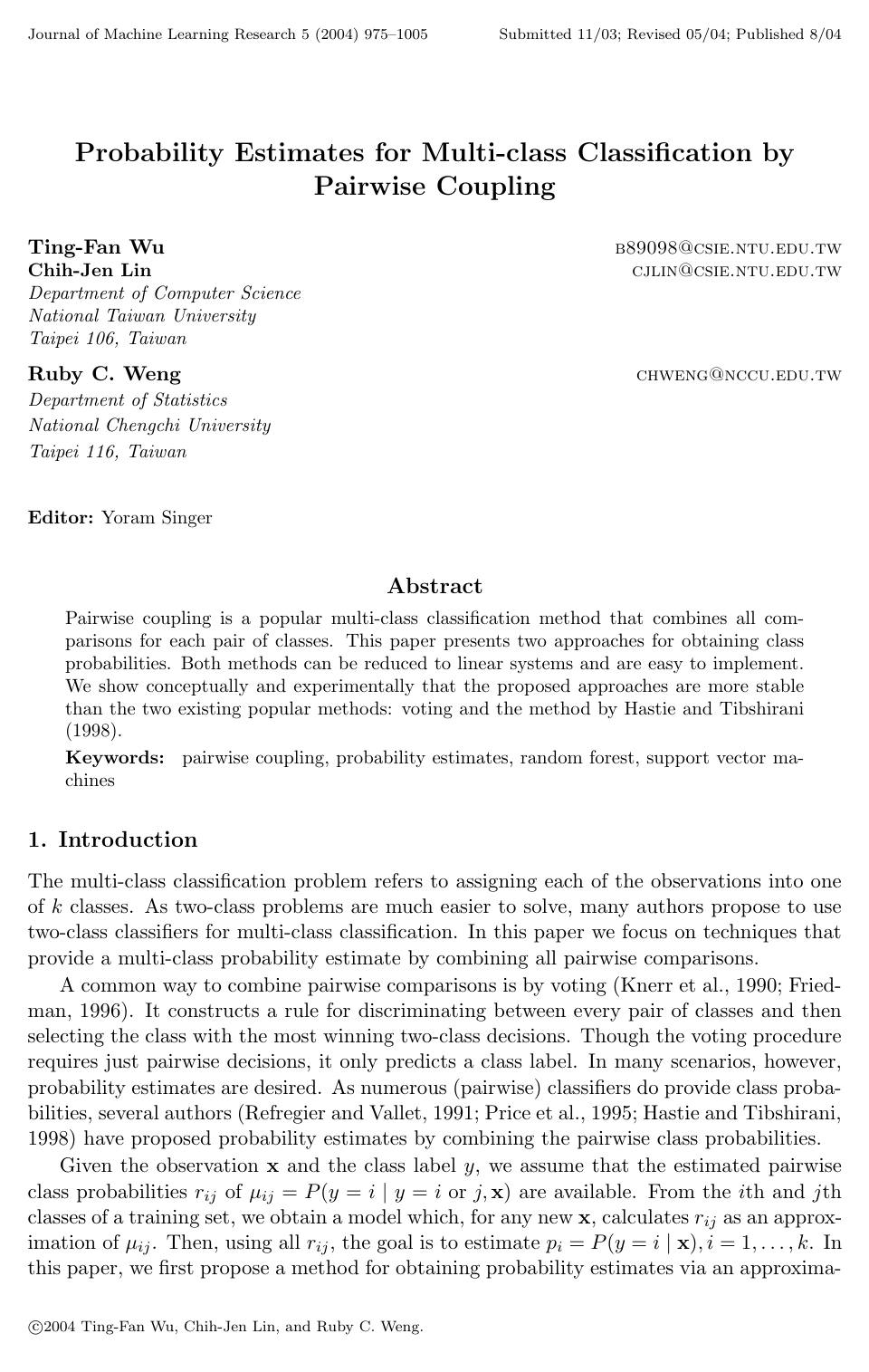 Cover for Probability Estimates for Multi-class Classification by Pairwise Coupling