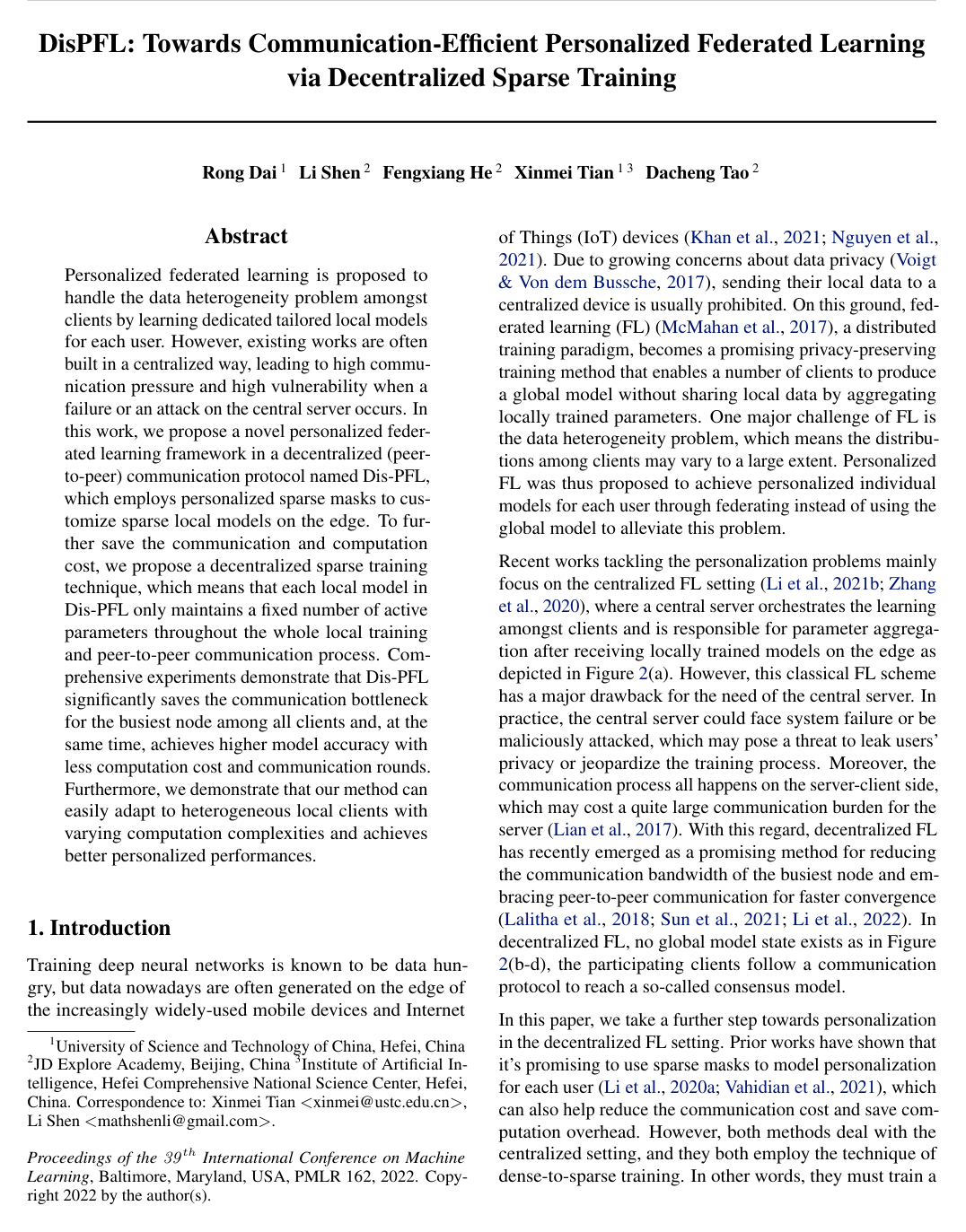 Cover for DisPFL: Towards Communication-Efficient Personalized Federated Learning via Decentralized Sparse Training