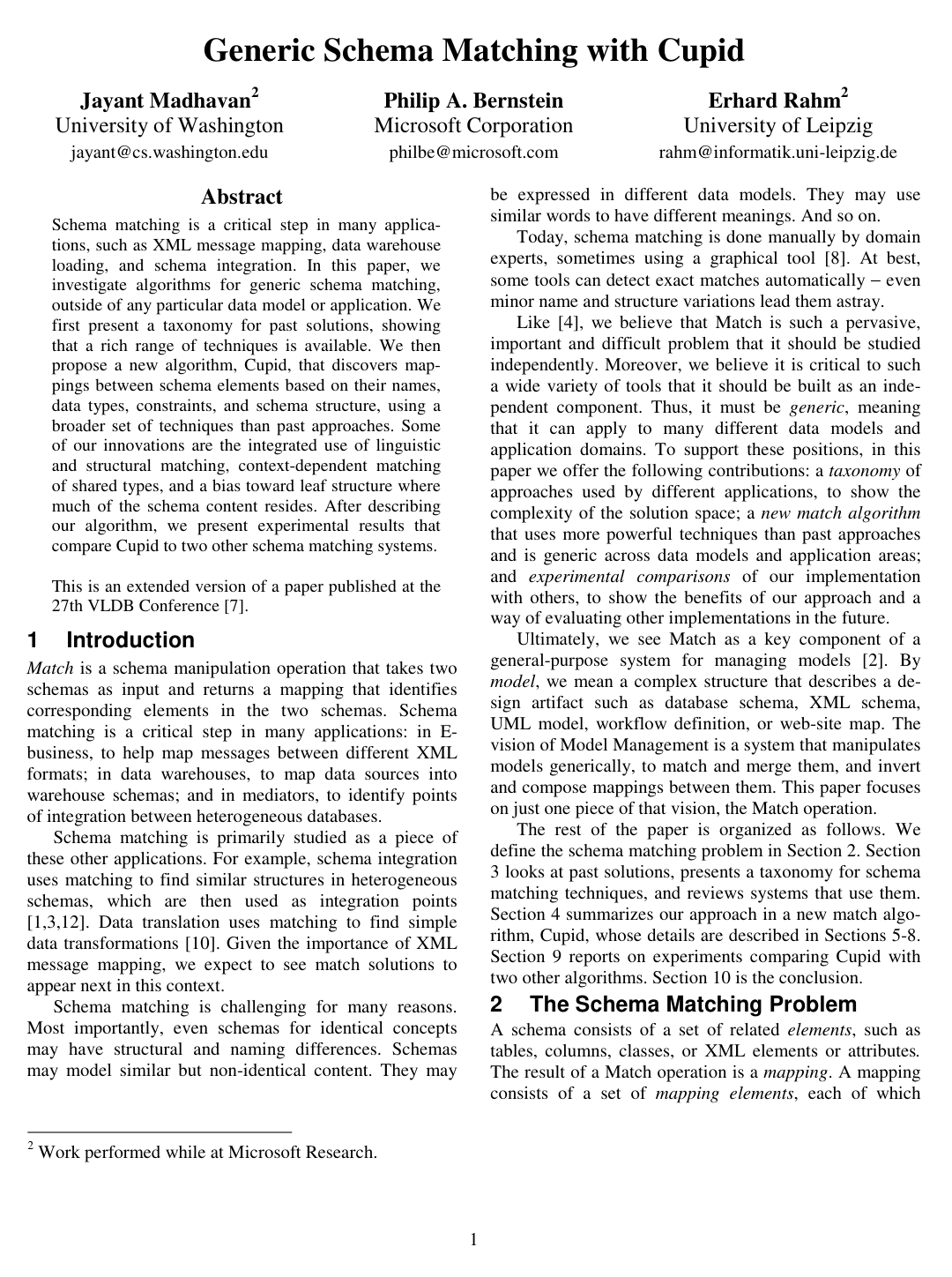 Cover for Generic Schema Matching with Cupid