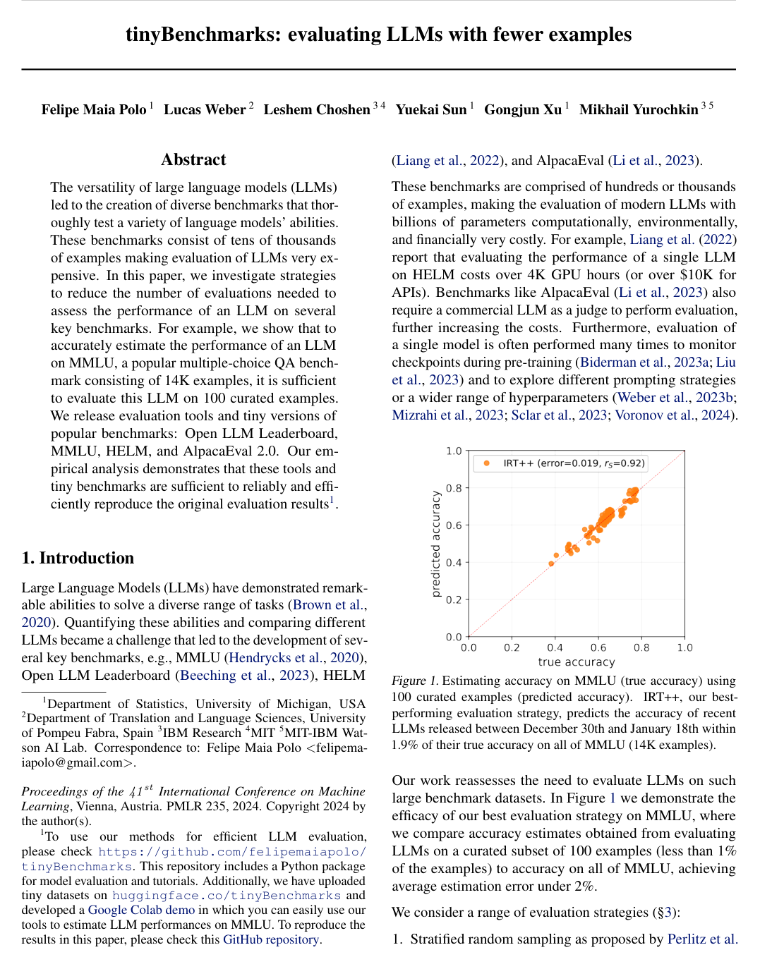 tinyBenchmarks: evaluating LLMs with fewer examples