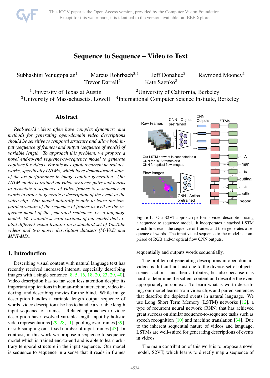 Cover for Sequence to Sequence -- Video to Text
