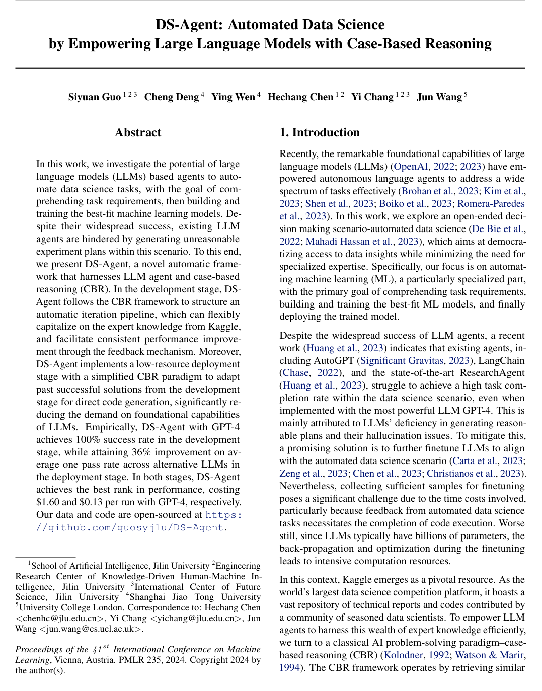 DS-Agent: Automated Data Science by Empowering Large Language Models with Case-Based Reasoning