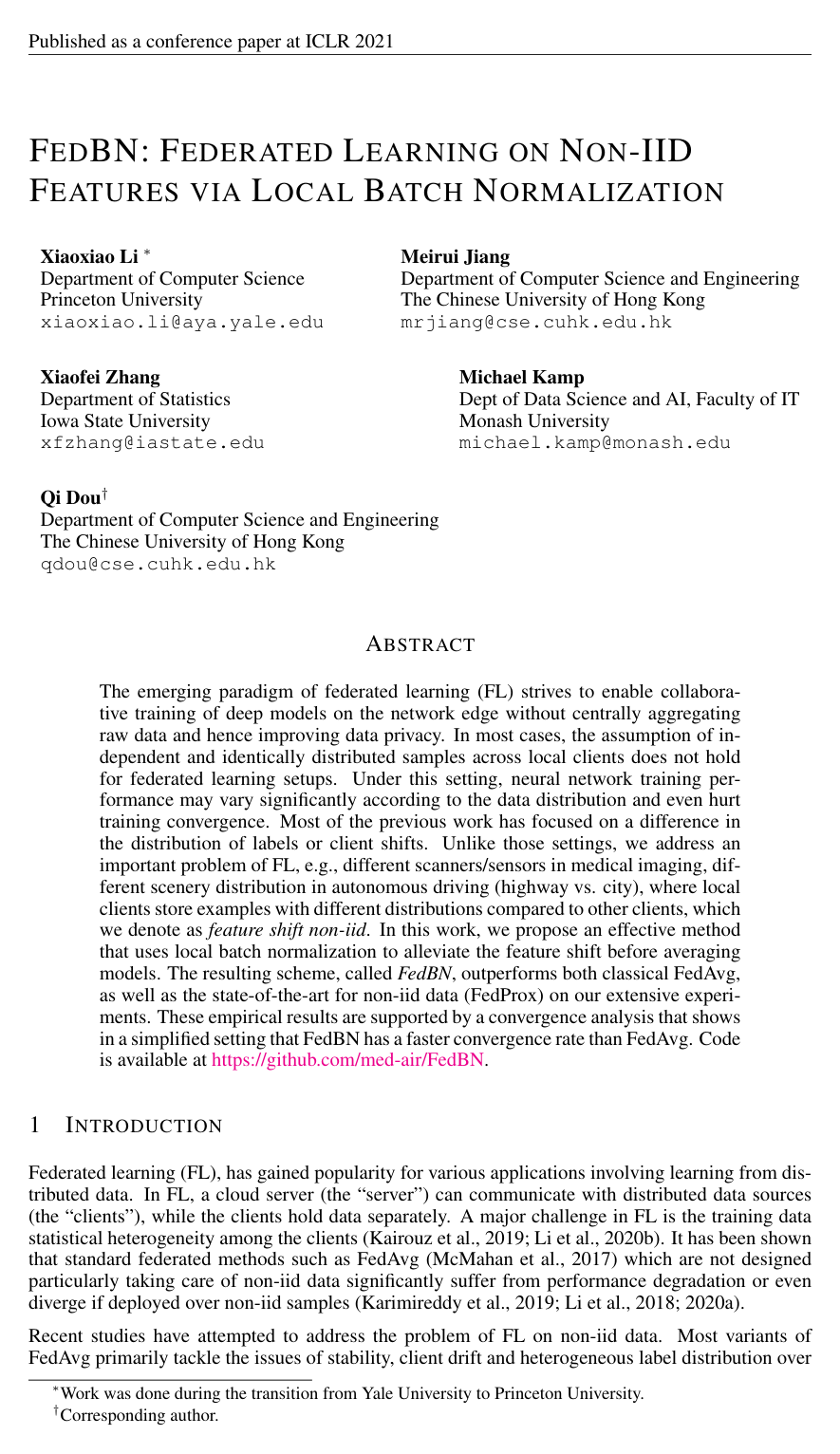 Cover for FedBN: Federated Learning on Non-IID Features via Local Batch Normalization