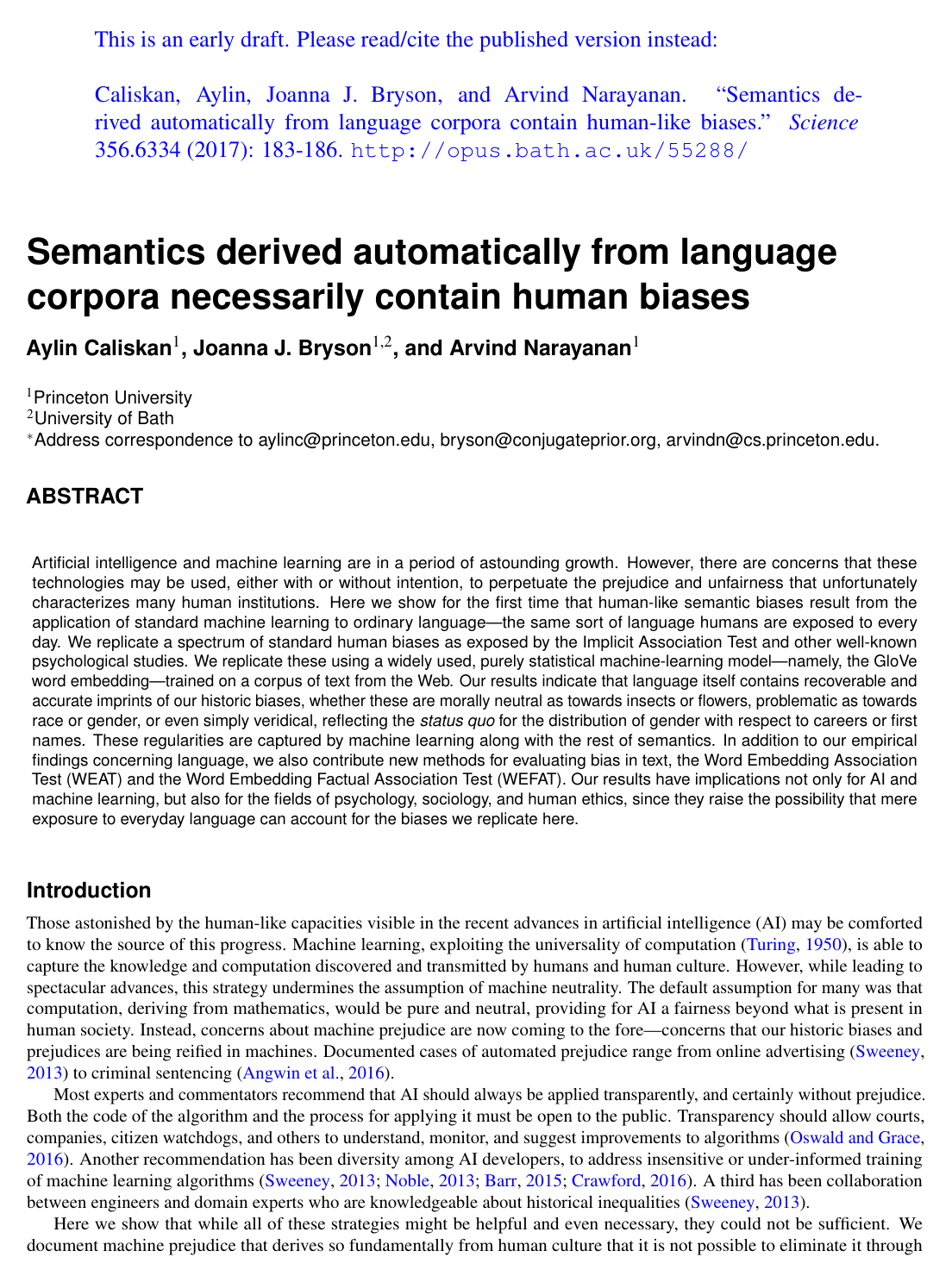 Cover for Semantics derived automatically from language corpora contain human-like biases