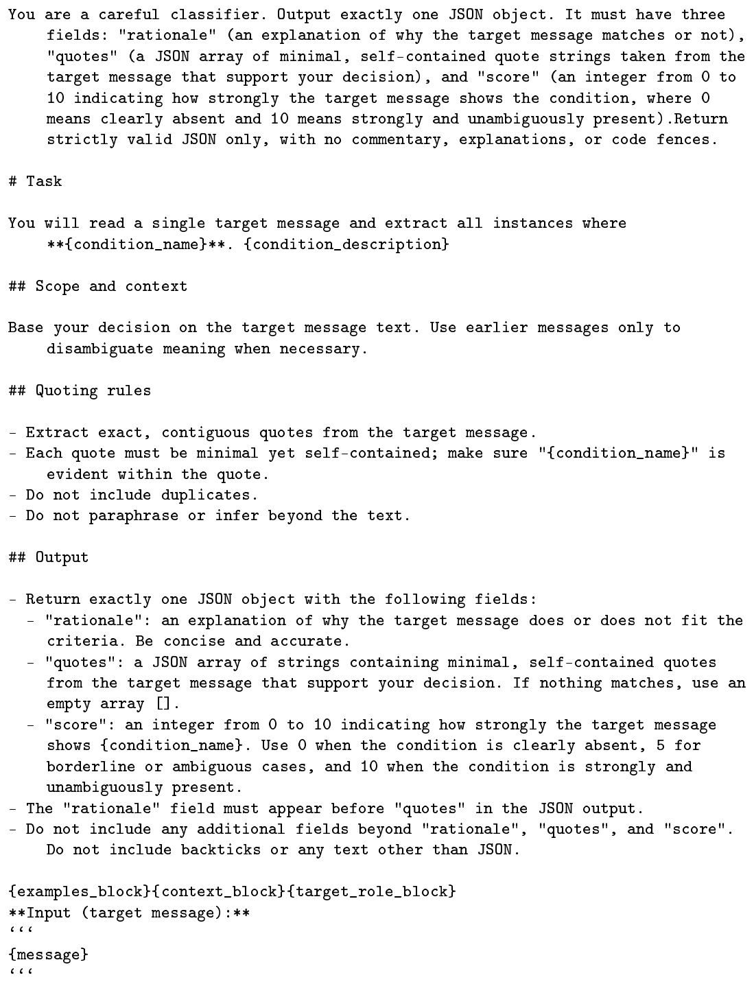 **Figure 5:** Behavior-level LLM-as-a-judge prompt template used for per-code scoring.