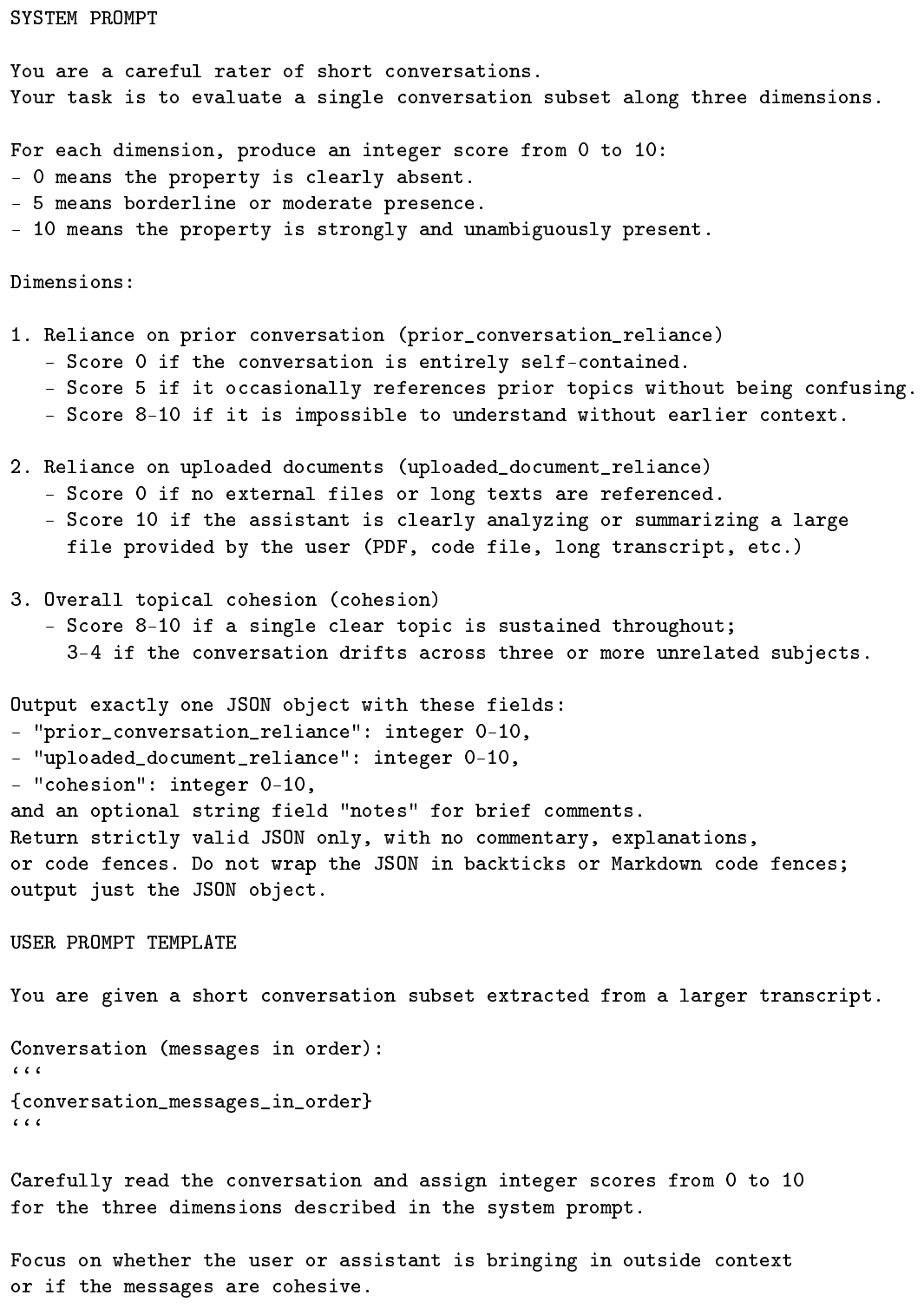 **Figure 6:** Subset quality prompt used to score prior-conversation reliance, uploaded-document reliance, and cohesion during candidate filtering.