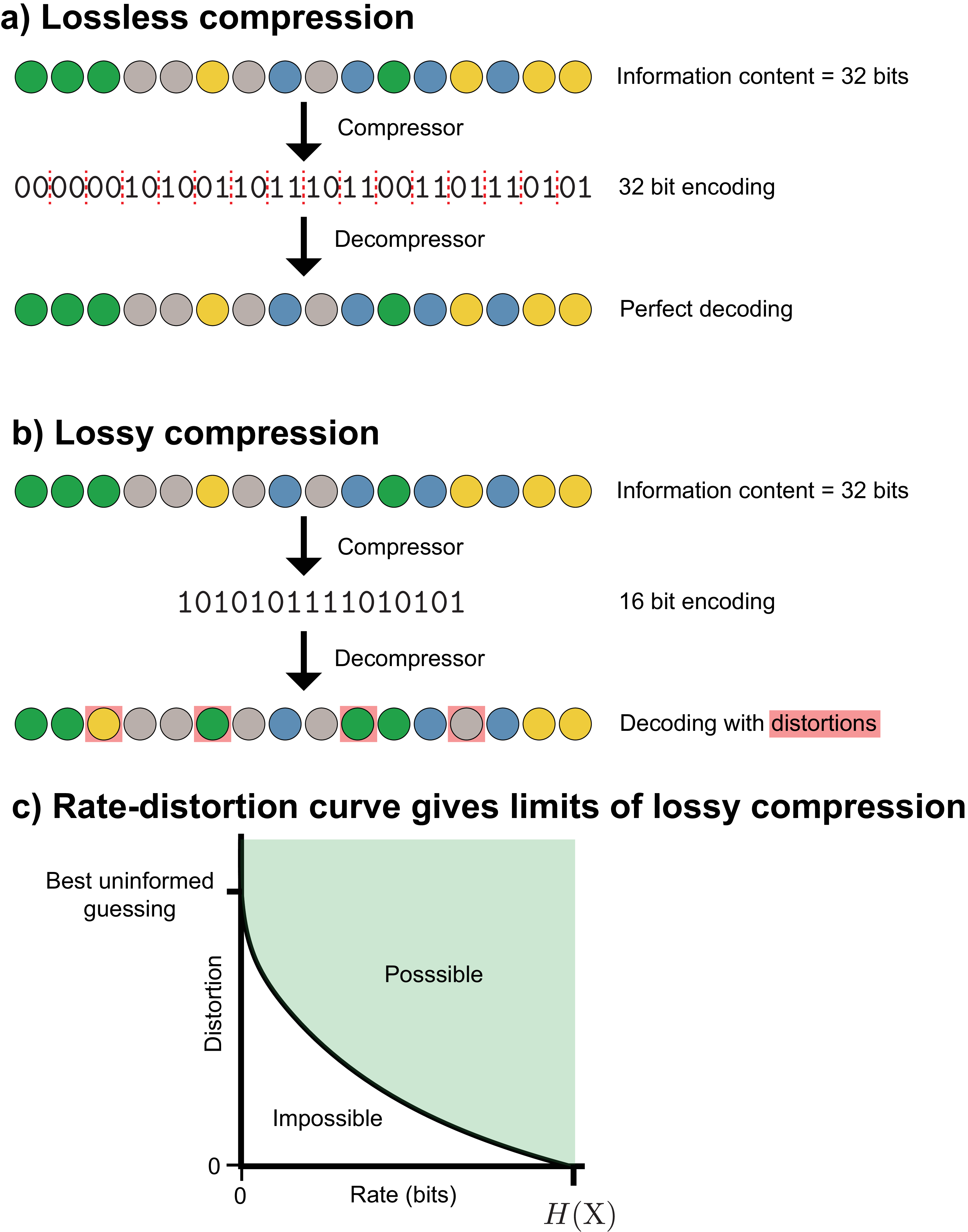 **Figure 9:** **Lossy compression and rate distortion** **a**) In lossless compression, a typical sequence is mapped to a binary codeword with length equal to its information content and can be decompressed without error. **b**) In lossy compression, a sequence is mapped to a sequence shorter than its information content, and errors are present upon decompression. **c**) The black curve shows the minimum number of bits needed to achieve a given average distortion.