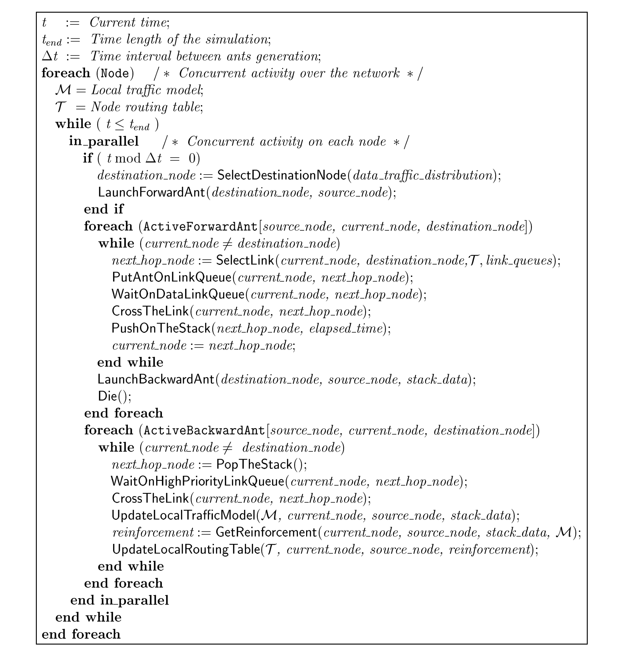 Figure 2: AntNet's top-level description in pseudo-code. All the described actions take place in a completely distributed and concurrent way over the network nodes (while, in the text, AntNet has been described from an individual ant's perspective). All the constructs at the same level of indentation inside the context of the statement **in_parallel** are executed concurrently. The processes of data generation and forwarding are not described, but they can be thought as acting concurrently with the ants.