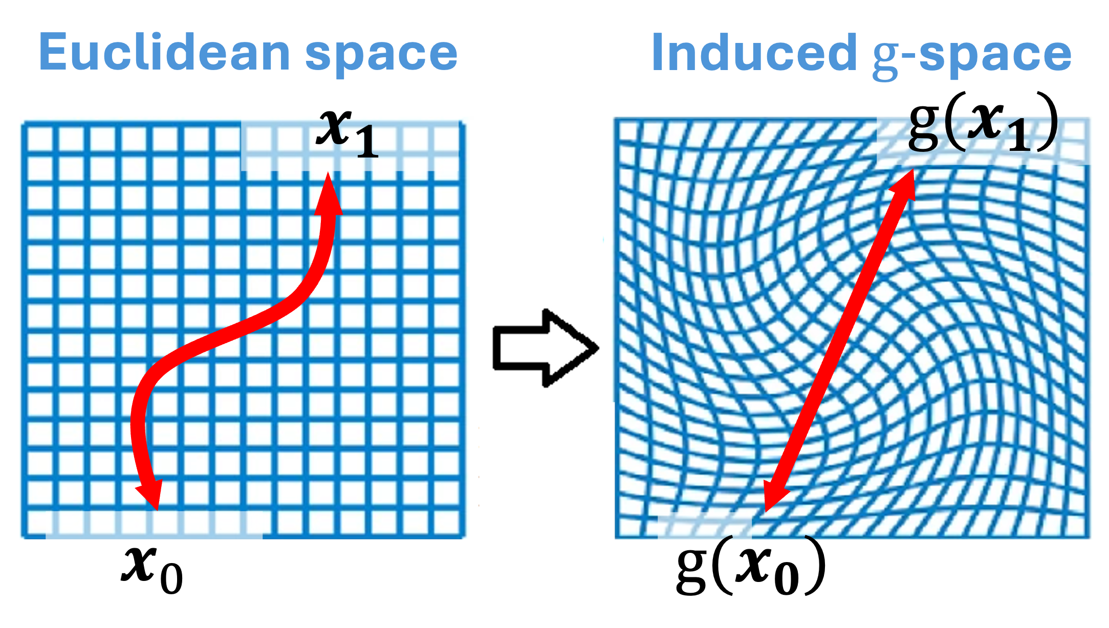 **Figure 10:** **Conceptual illustration of the geometric intuition.** We visualize the Linearizer in the context of Flow Matching (where $g_x=g_y=g$). (Left) The data manifold in standard Euclidean space. The optimal transport path between noise $x_0$ and data $x_1$ is a non-linear curve. (Right) The induced $g$-space. The network learns a coordinate transformation where this complex path is rectified into a simple straight line (a geodesic), enabling exact one-step generation.