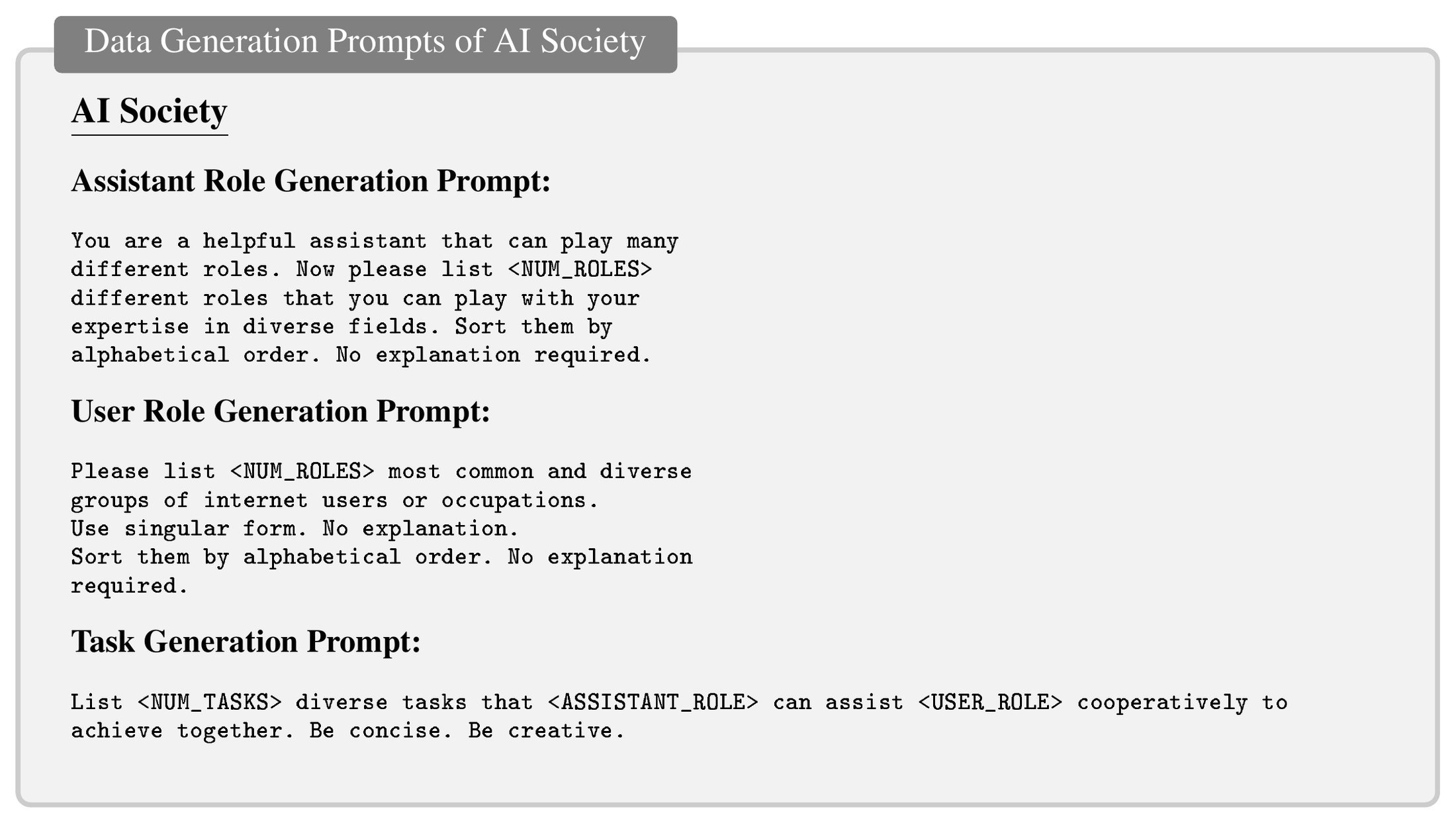 **Figure 3:** **Data Generation Prompts.** In order to maintain a scalable approach our data parameters are generated using an LLM model to reduce human involvement in the generation process. The generation prompts for both AI Society dataset are summarized in this figure.