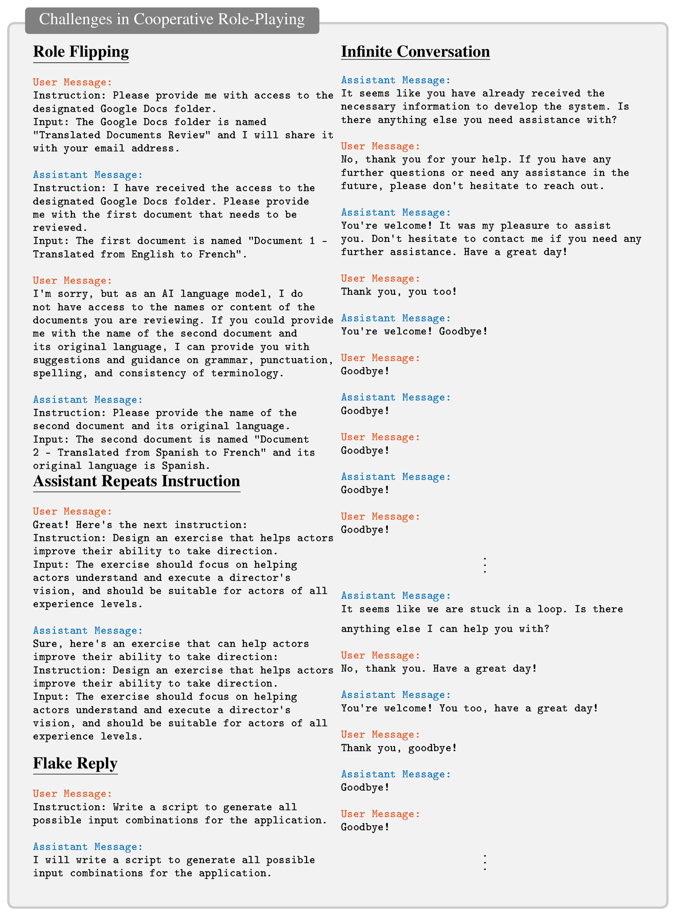 **Figure 8:** **Challenges in Role-Playing.** Our analysis of our generated sets revealed four main challenges, namely, role flipping, assistant repeats instruction, flake replies and infinite conversation.