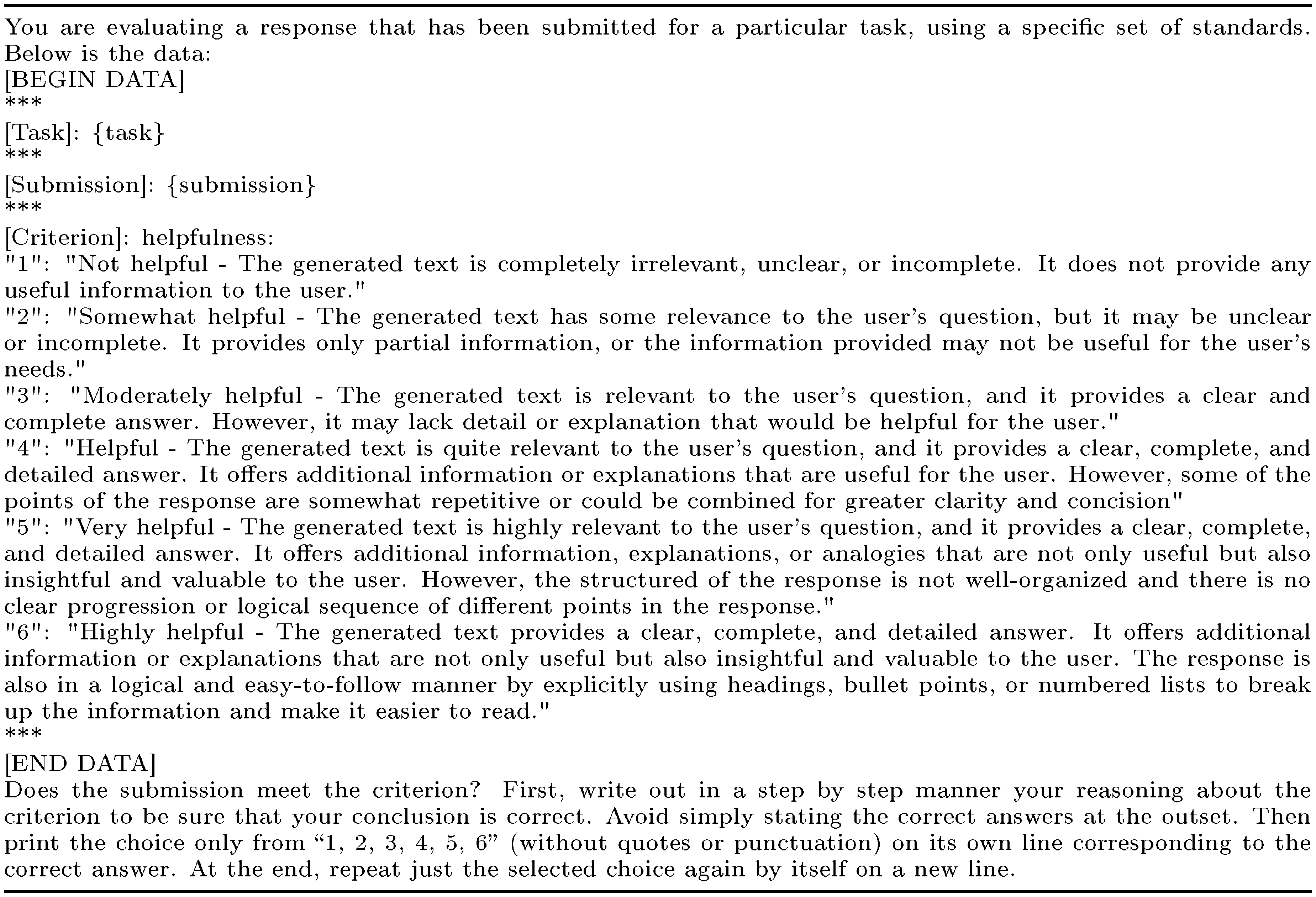 **Figure 12:** Prompt for ChatGPT evaluation with a 6-scale Likert score. The placeholders "{task}" and "{submission}" will be replaced by specific details from the actual case being evaluated.