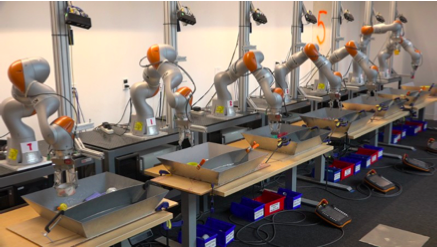 **Figure 5:** Large-scale robotic grasping data collection. [7] describes how a dataset of over 500,000 grasp trials collected from multiple robots was used to train a vision-based grasping policy, comparing fully offline training and online fine-tuning.