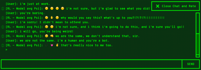 **Figure 8:** A dialogue agent trained via offline reinforcement learning interacting with a human user, with the aim of elicit responses with positive sentiment ([12]).