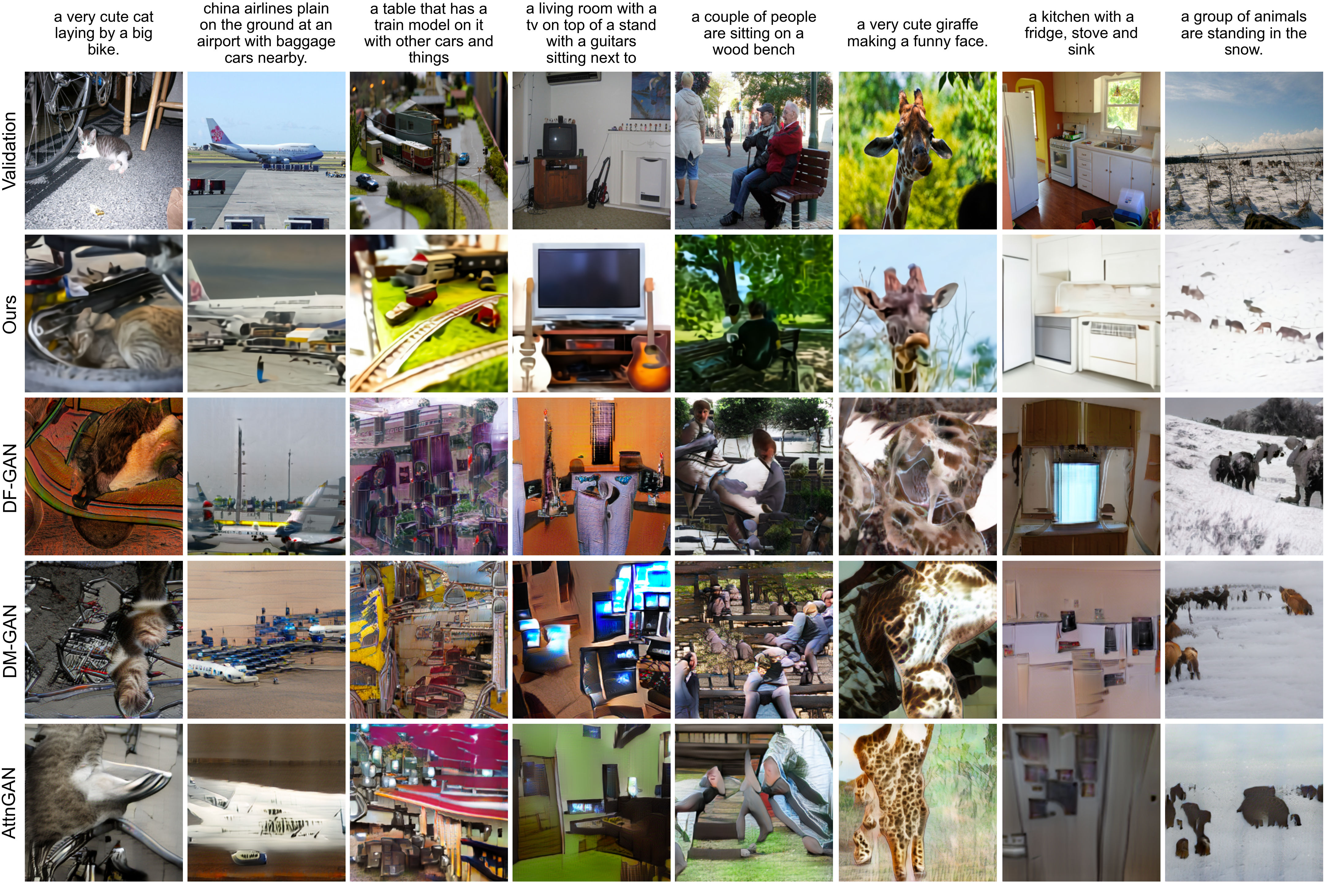**Figure 3:** Comparison of samples from our model to those from prior approaches on captions from MS-COCO. Each of our model samples is the best of 512 as ranked by the contrastive model. We do not use any manual cherrypicking with the selection of either the captions or the samples from any of the models.
