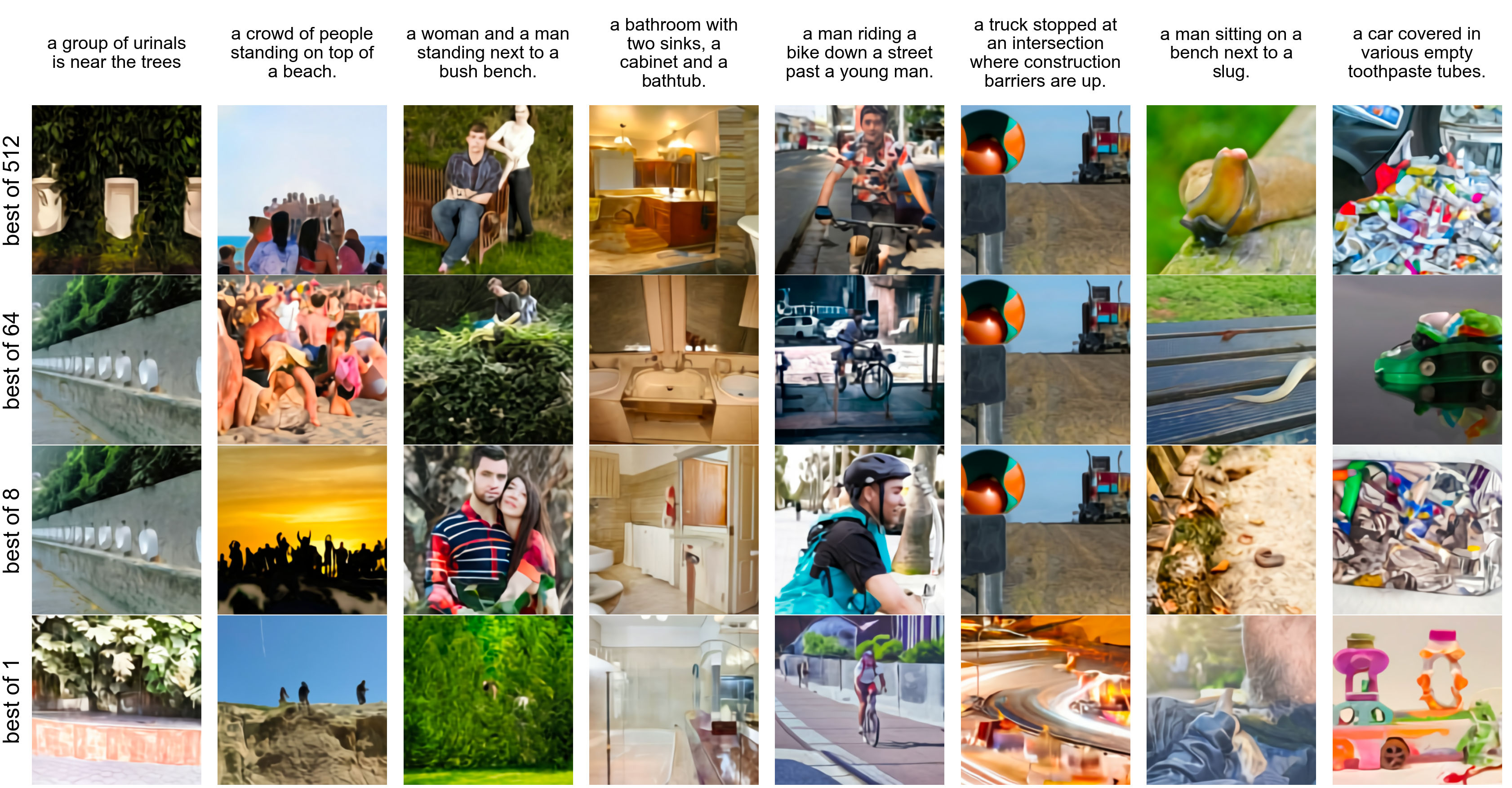**Figure 6:** Effect of increasing the number of images for the contrastive reranking procedure on MS-COCO captions.