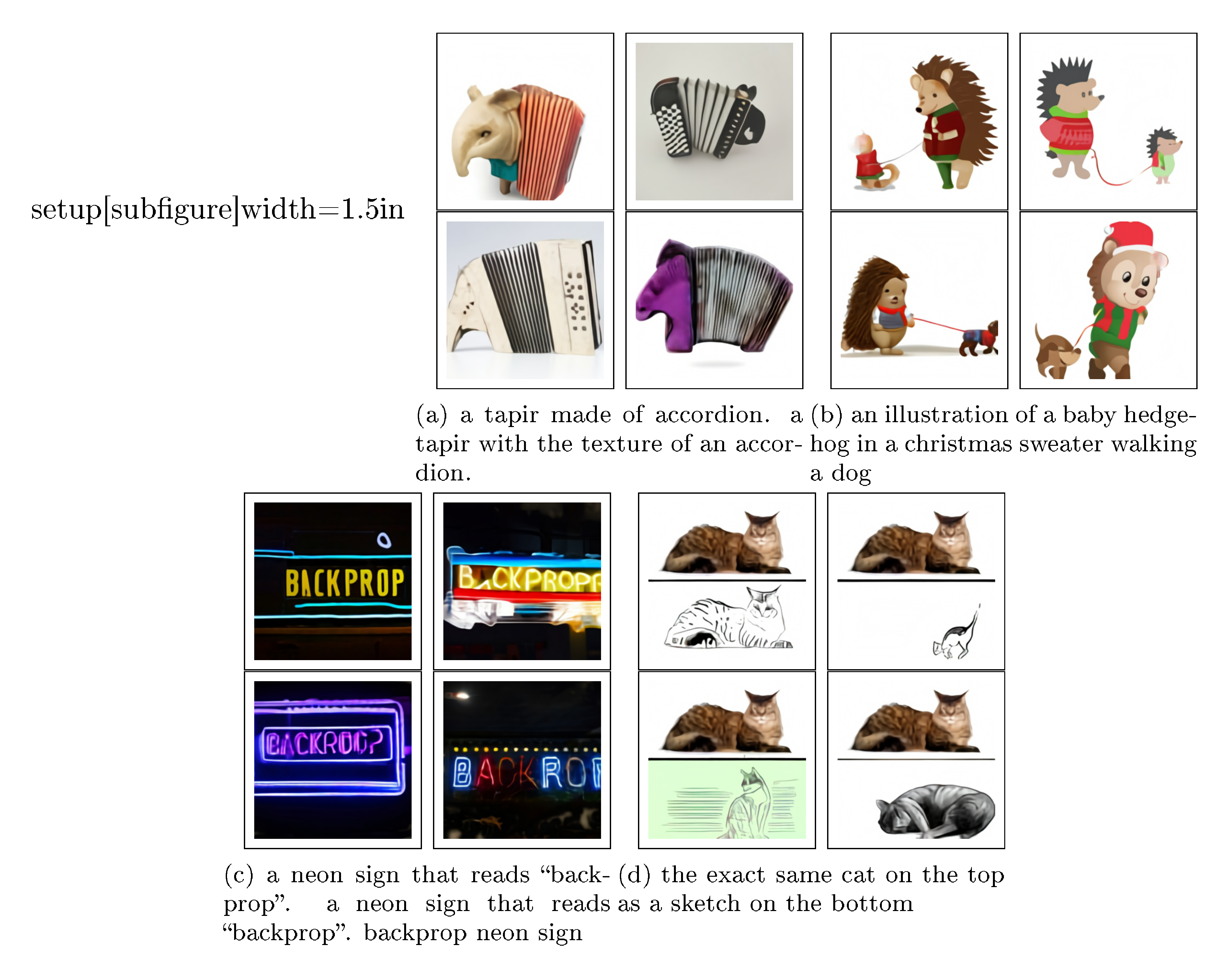 **Figure 2:** With varying degrees of reliability, our model appears to be able to combine distinct concepts in plausible ways, create anthropomorphized versions of animals, render text, and perform some types of image-to-image translation.