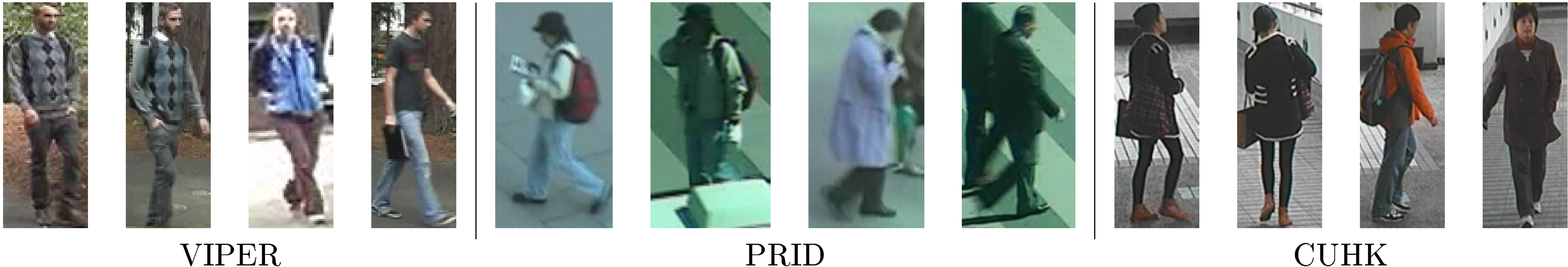 Figure 7: Matching and non-matching pairs of probe-gallery images from different person re-identification data sets. The three data sets are treated as different domains in our experiments.