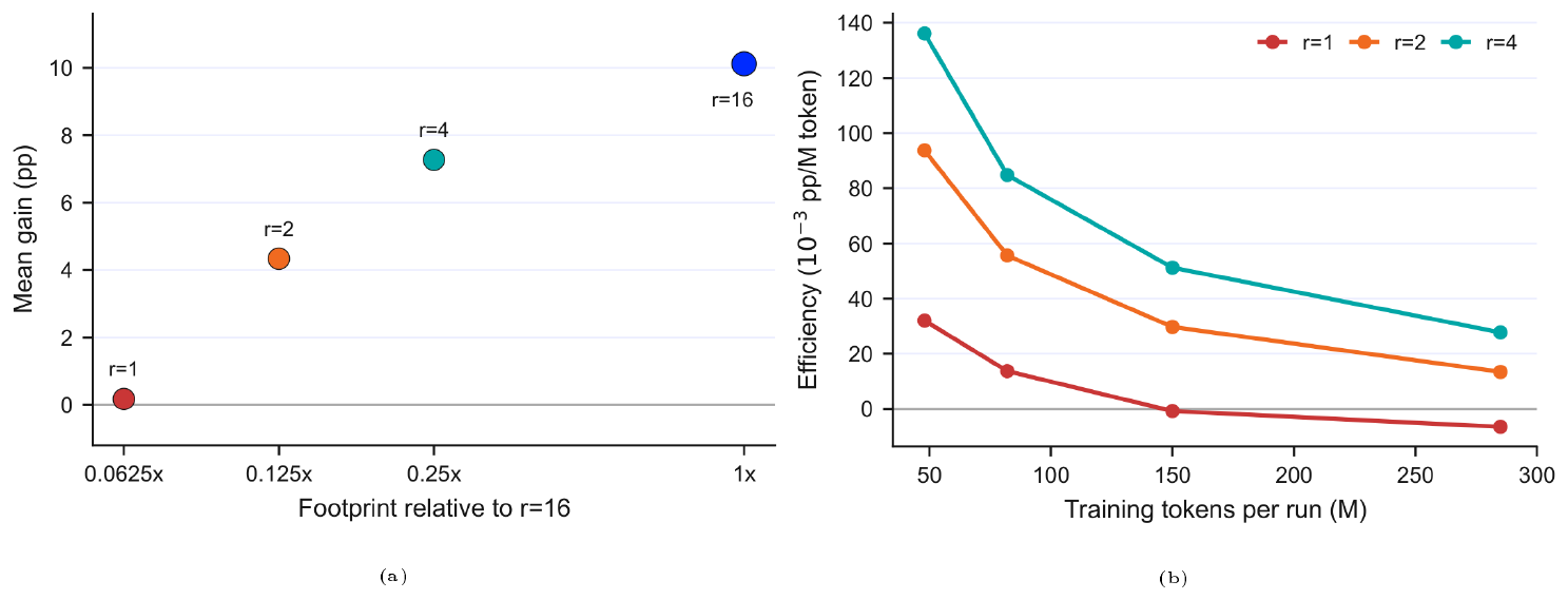 **Figure 11:** Tiny-adapter objective. The low-rank research target is not maximum single-run score alone, but stable learning signal under minimal trainable state and token budget.