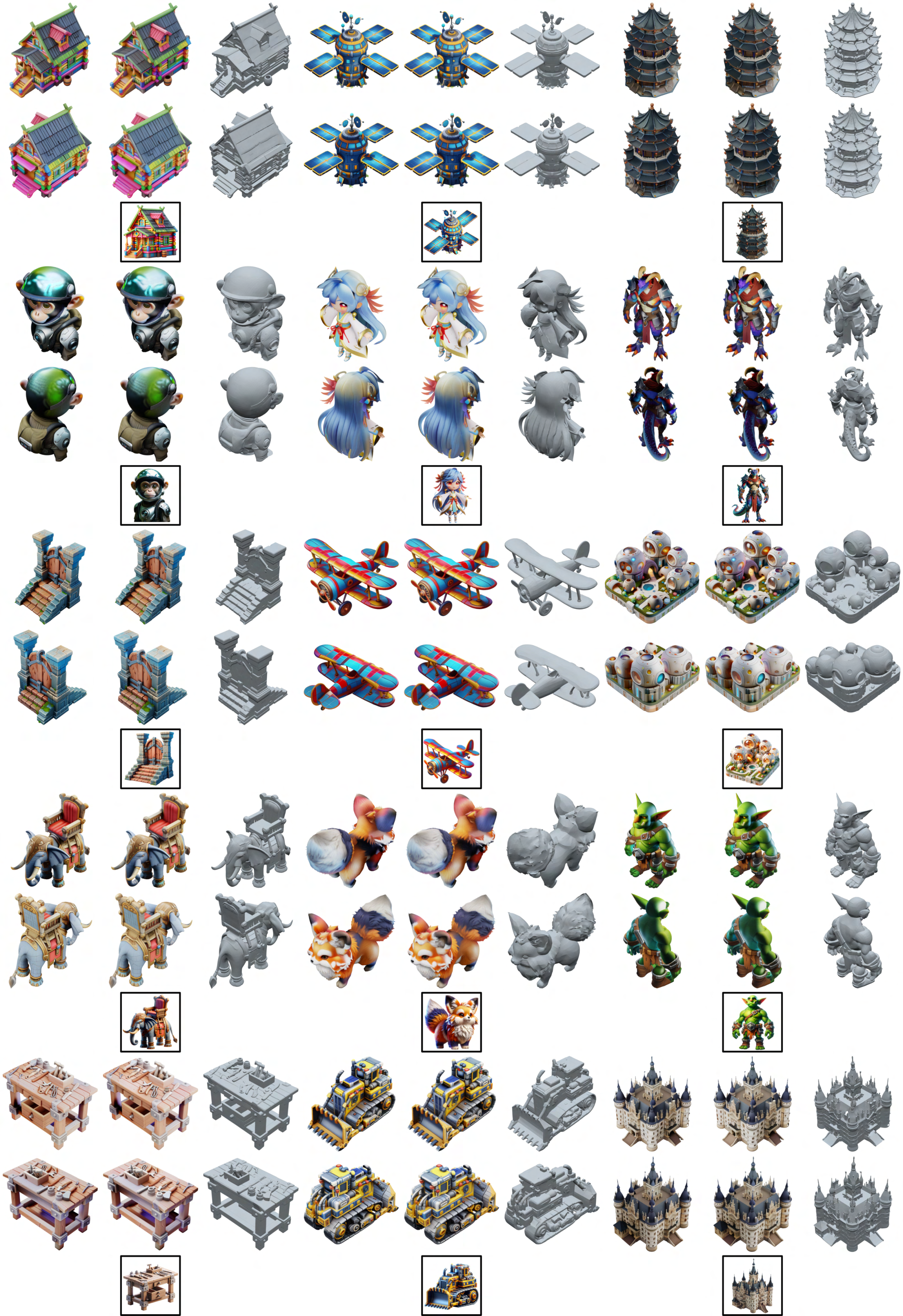 **Figure 13:** More results generated by $\textsc{Trellis}$ with AI-generated image prompts. (From left to right: GS, RF, and meshes)