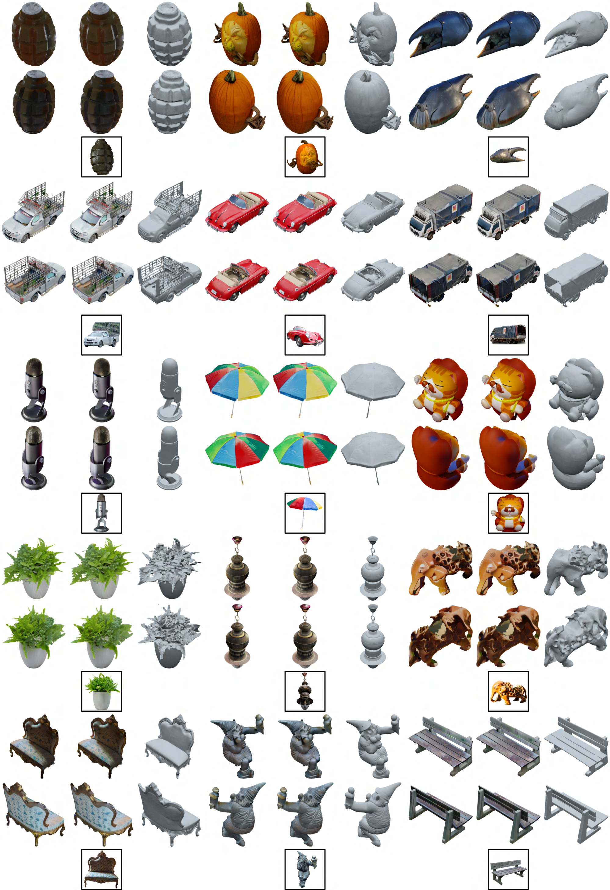 **Figure 14:** More results generated by $\textsc{Trellis}$ with real-world image prompts from SA-1B. (From left to right: GS, RF, and meshes)