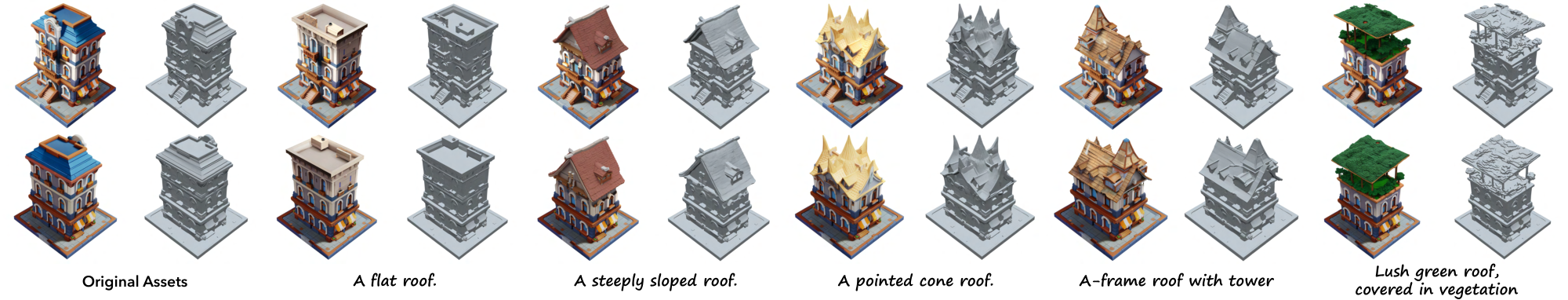 **Figure 18:** More examples of local editing, replacing the roof of the given building asset.