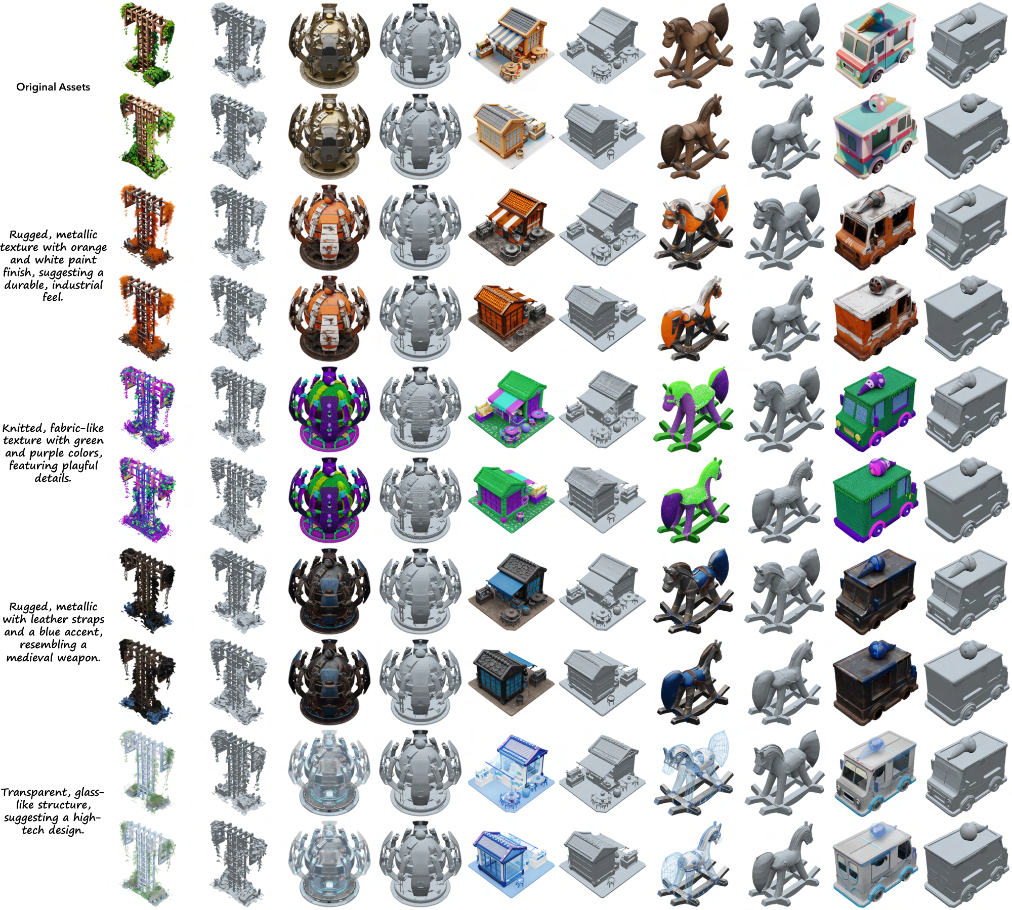 **Figure 17:** More examples of asset variations using $\textsc{Trellis}$. (Left: GS; Right: meshes)