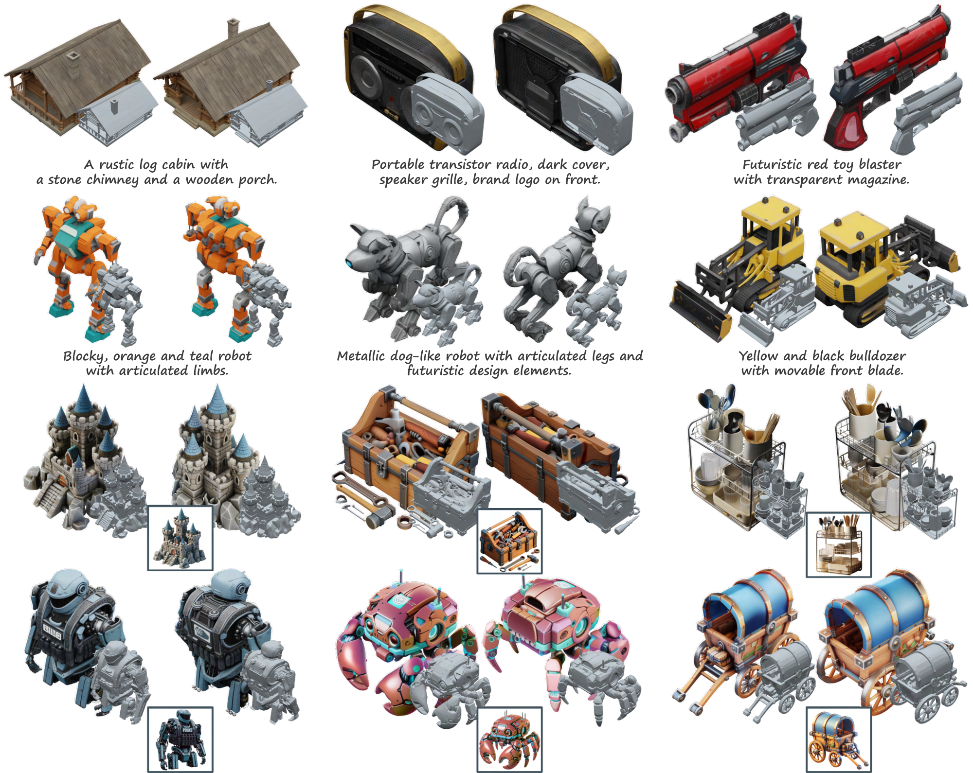 **Figure 4:** High-quality 3D assets created by our method, represented in Gaussians and meshes, given AI-generated text or image prompts.