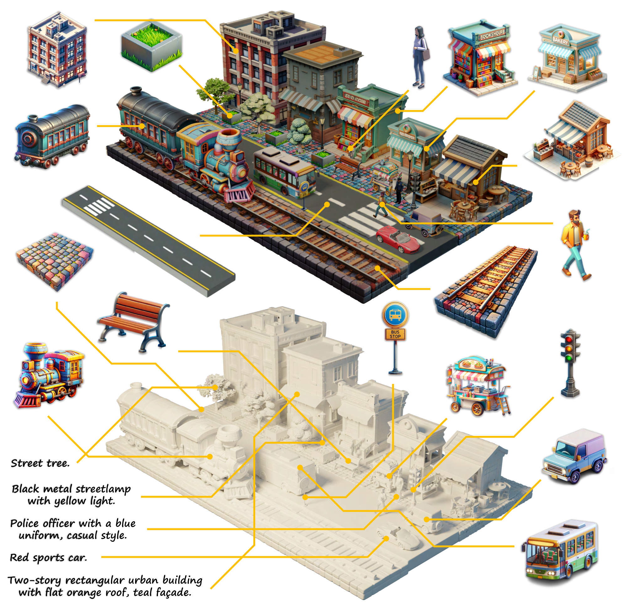 **Figure 20:** A vibrant streetview constructed with assets generated by $\textsc{Trellis}$. (*Text and image prompts are linked with yellow lines*)