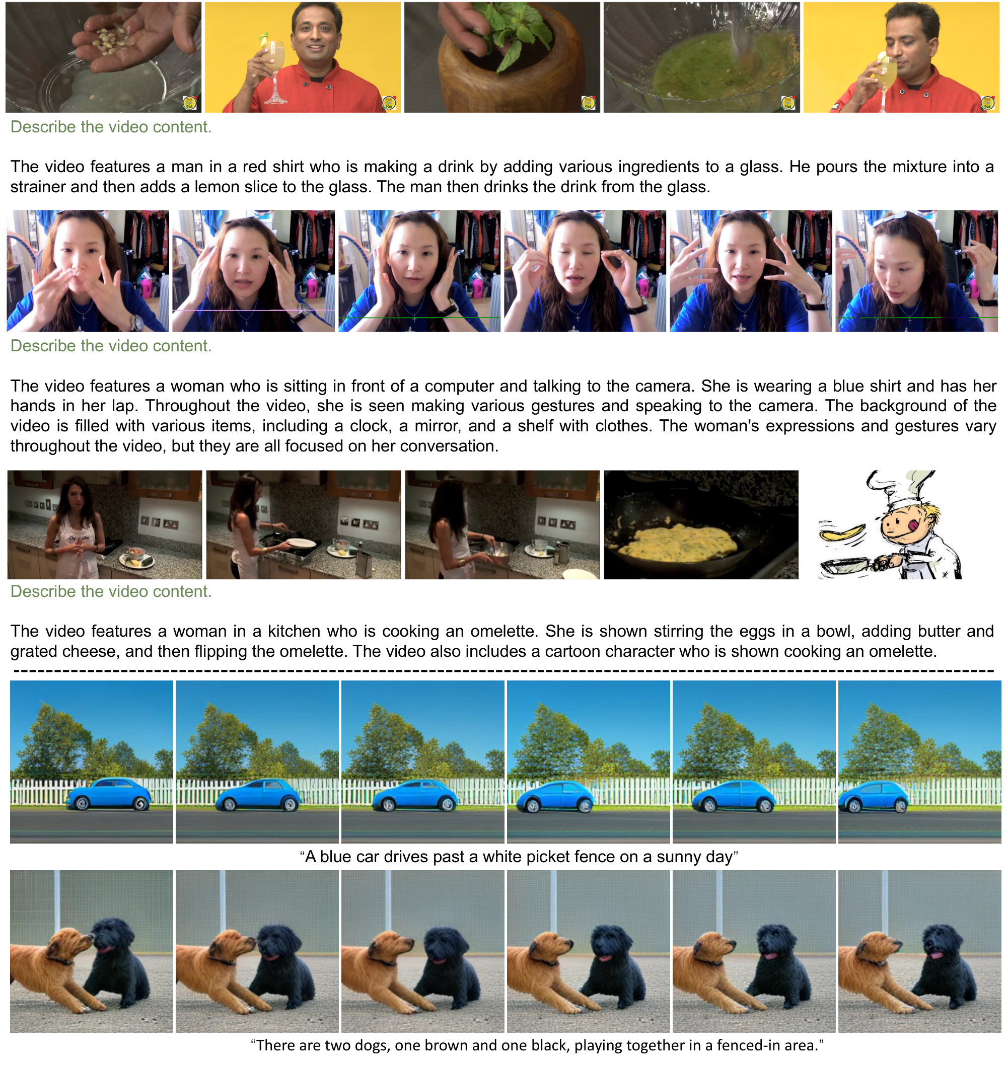 **Figure 10:** More examples on video understanding and generation. Only some key frames are sampled for illustration.