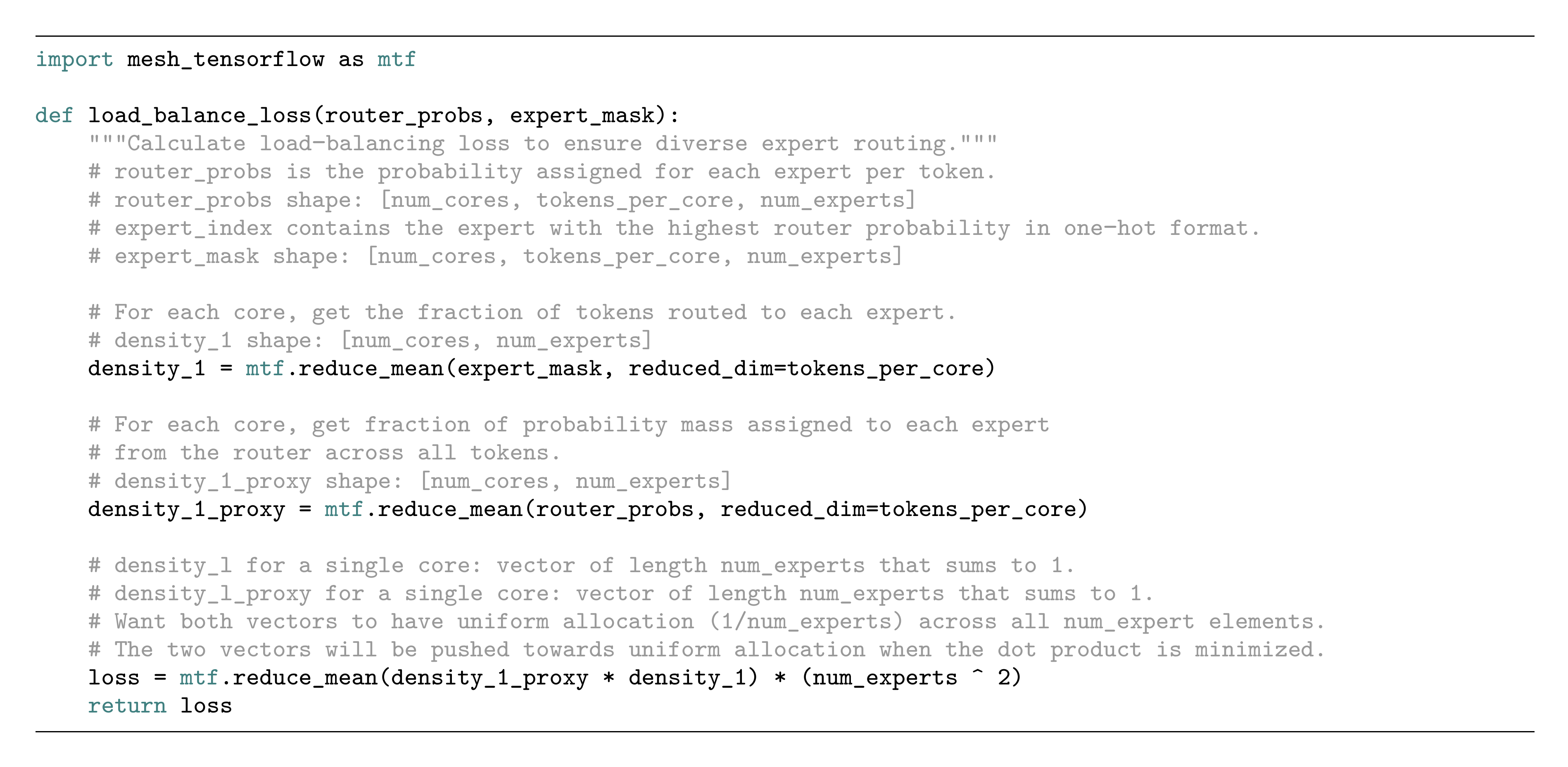 **Figure 14:** Pseudo code for the load balance loss for Switch Transformers in Mesh Tensorflow.