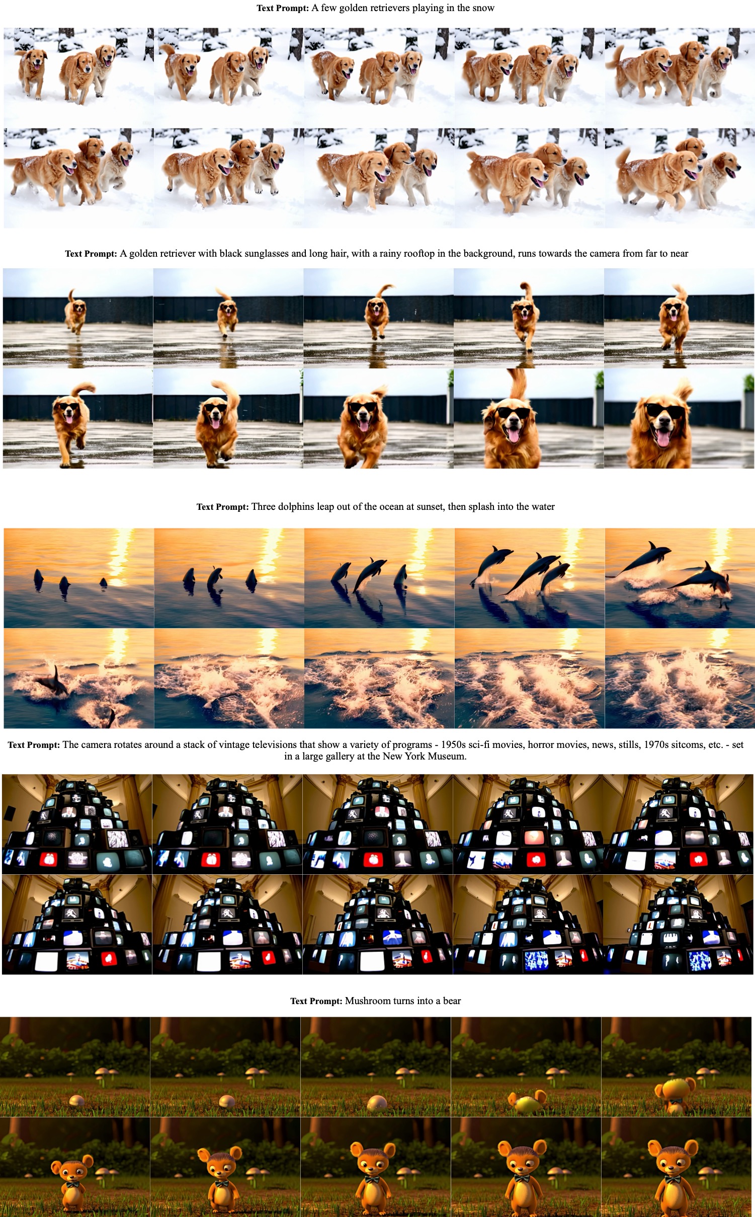 **Figure 11:** Text to video showcases. The displayed prompt will be upsampled before being fed into the model. The generated videos contain large motion and various styles.