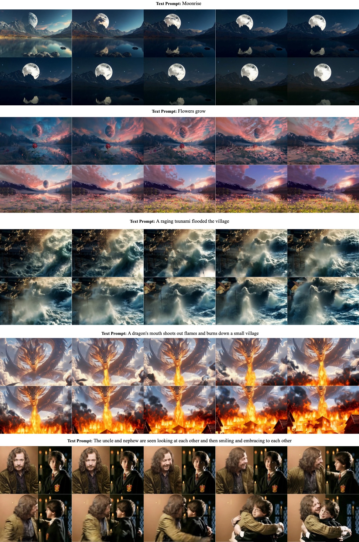 **Figure 13:** Image to video showcases. The displayed prompt will be upsampled before being fed into the model.