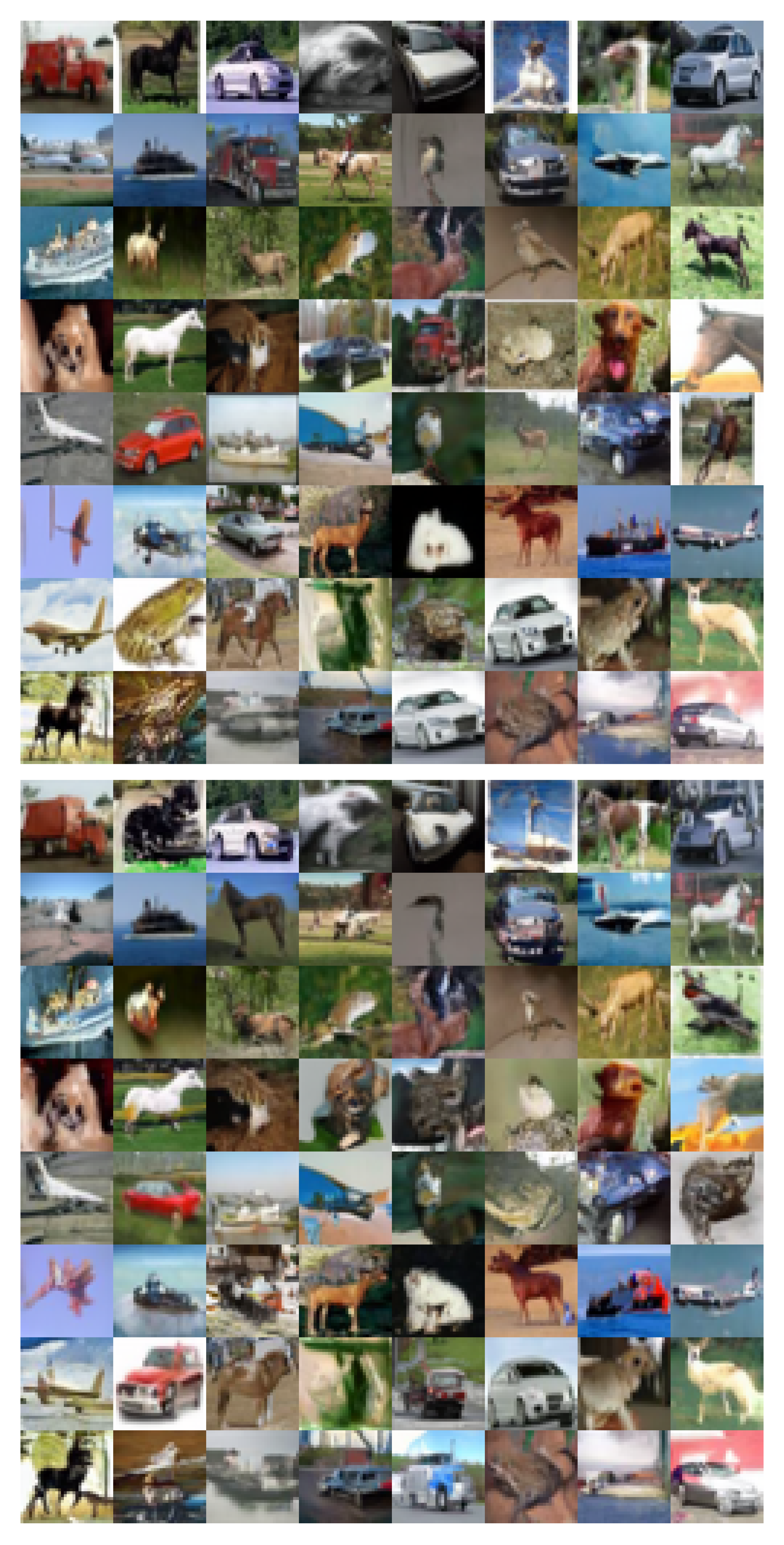 **Figure 31:** Unconditional CIFAR-10 samples generated from $L_{\text{hybrid}}$ (top) and $L_{\text{vlb}}$ (bottom) models using the exact same random noise. Both models were trained for 500K iterations.