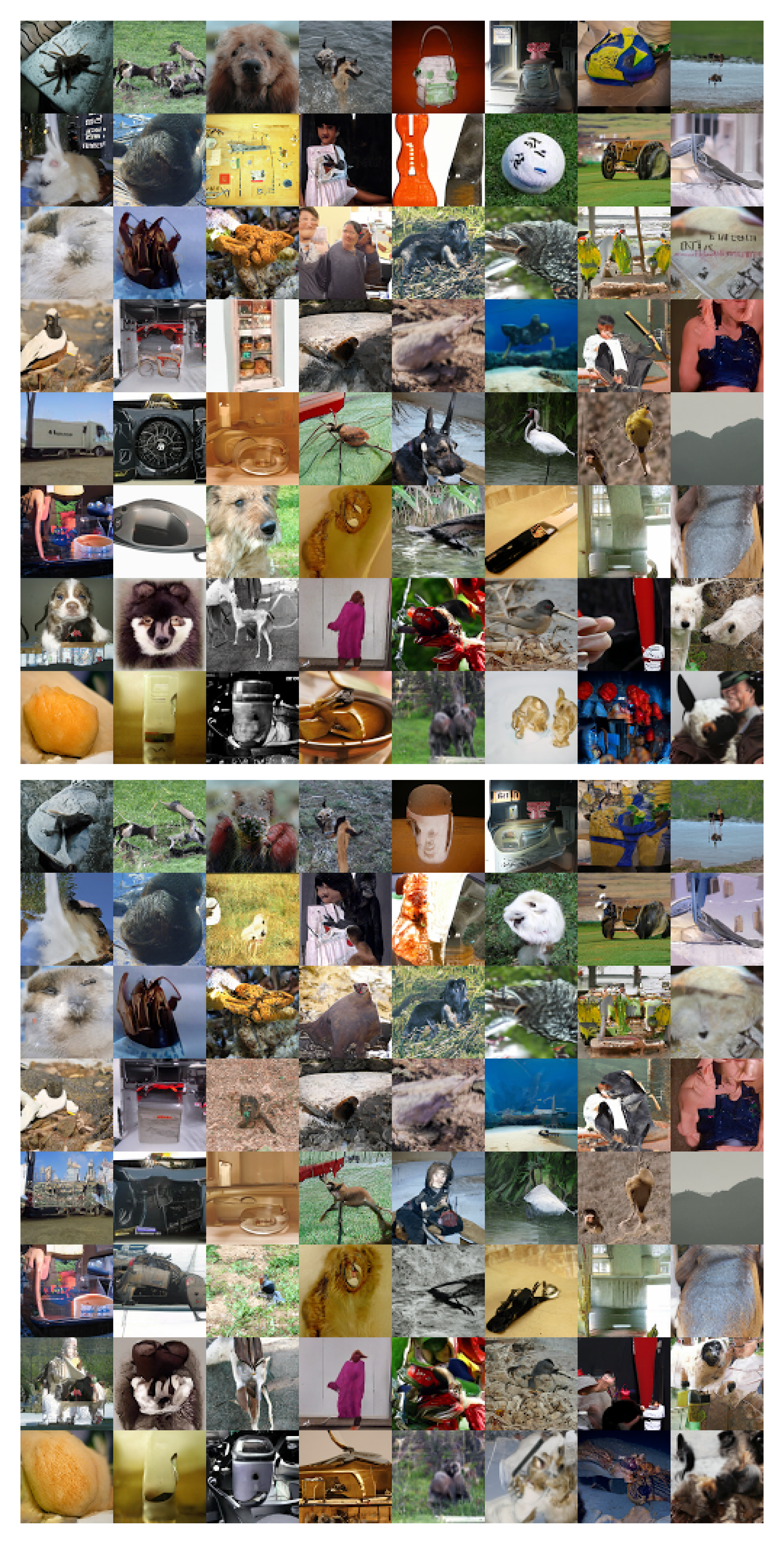 **Figure 30:** Unconditional ImageNet $64 \times 64$ samples generated from $L_{\text{hybrid}}$ (top) and $L_{\text{vlb}}$ (bottom) models using the exact same random noise. Both models were trained for 1.5M iterations.