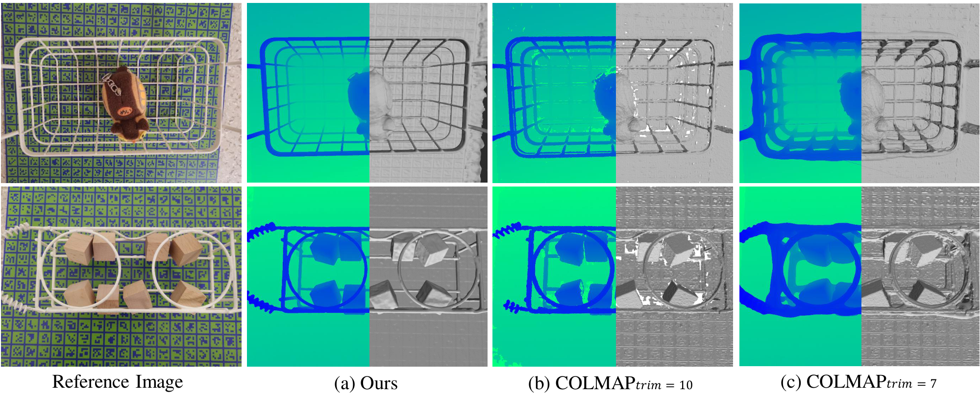 **Figure 8:** Comparison on scenes with thin structure objects. Left half is the depth map while right half is the reconstructed surface.