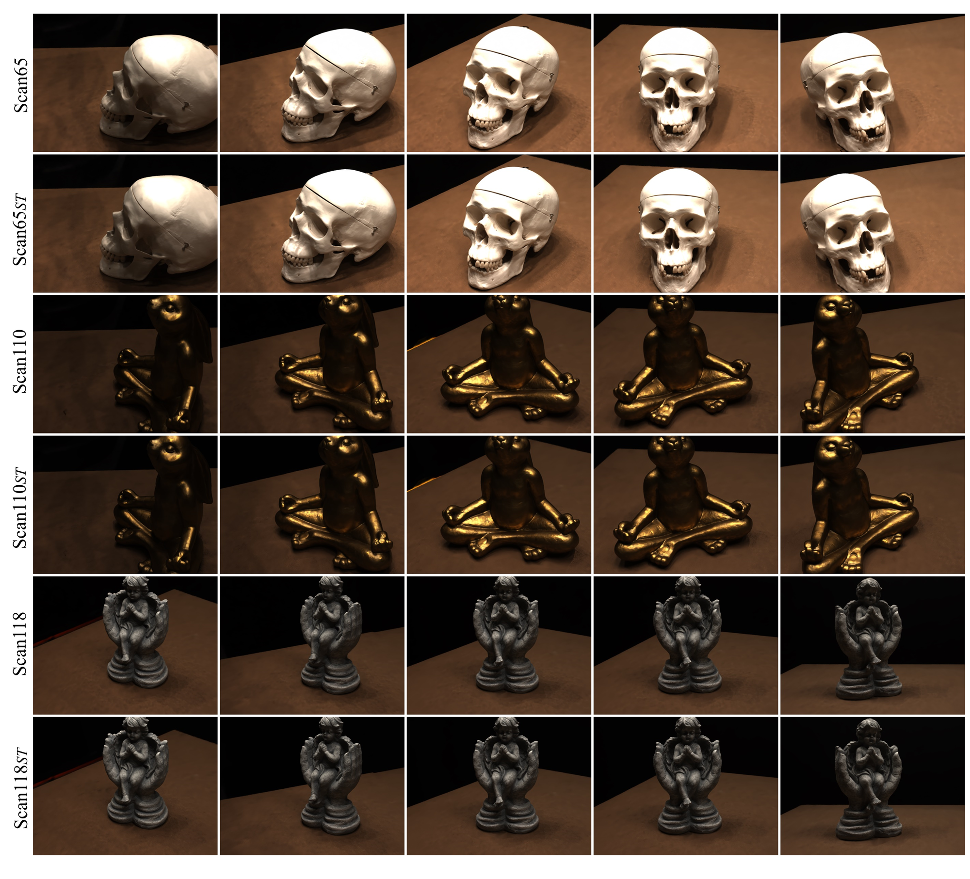 **Figure 12:** Rendered images by our method on the DTU dataset using different sampling strategies. - $ST$ indicates the sampling strategy using sphere tracing.