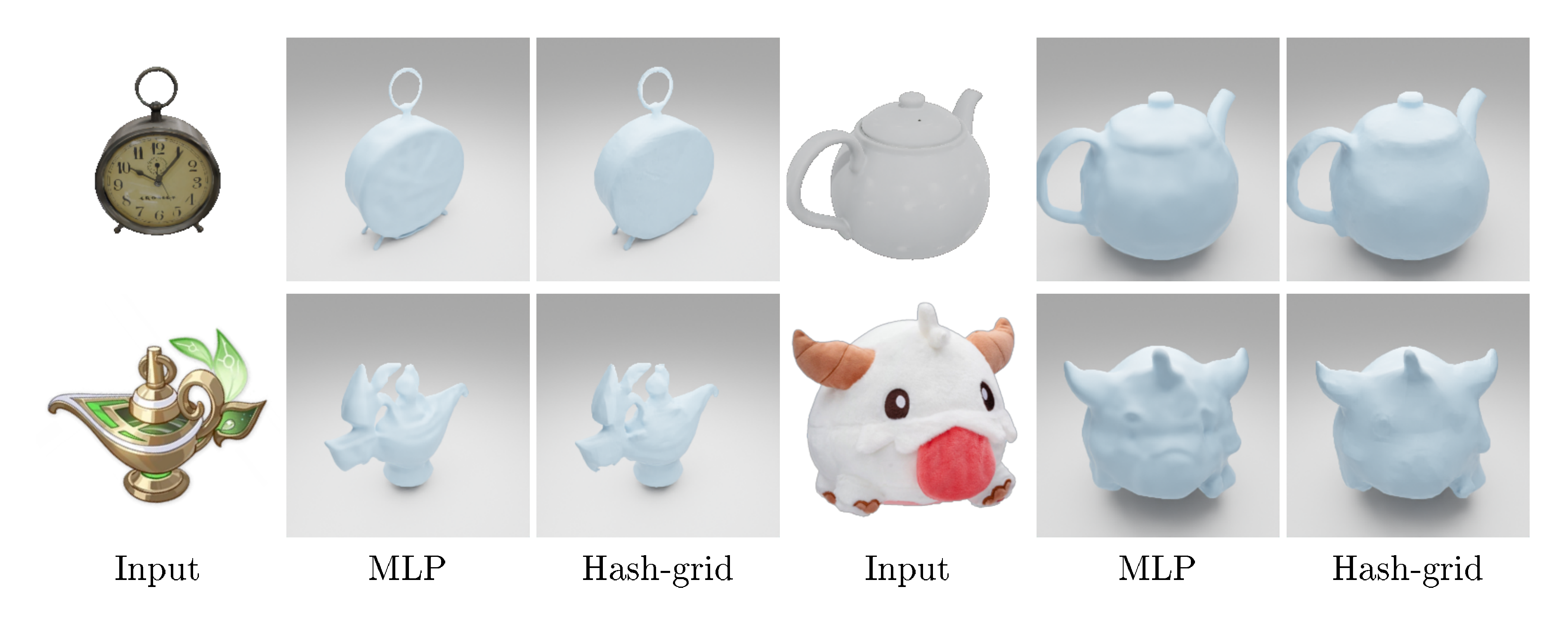 **Figure 15:** Surface reconstruction results using "MLP" NeuS and "Hash-grid" NeuS.