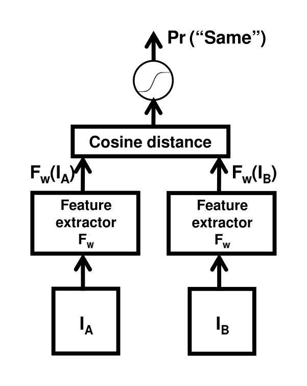 Figure 7. Siamese network used for the Labeled Faces in the Wild task. The feature extractor $\mathbf{F}_\mathbf{W}$ contains one hidden layer of NReLUs pre-trained as an RBM (on single faces) with parameters $\mathbf{W}$. $\mathbf{F}_\mathbf{W}$ is applied to the face images $\mathbf{I}_A$ and $\mathbf{I}_B$, and the cosine distance $d$ between the resulting feature vectors $\mathbf{F}_\mathbf{W}(\mathbf{I}_A)$ and $\mathbf{F}_\mathbf{W}(\mathbf{I}_B)$ is computed. The probability of the two faces having the same identity is then computed as $Pr(\text{“Same”}) = \frac{1}{1+\exp(-(wd+b))}$ where $w$ and $b$ are scalar learnable parameters.