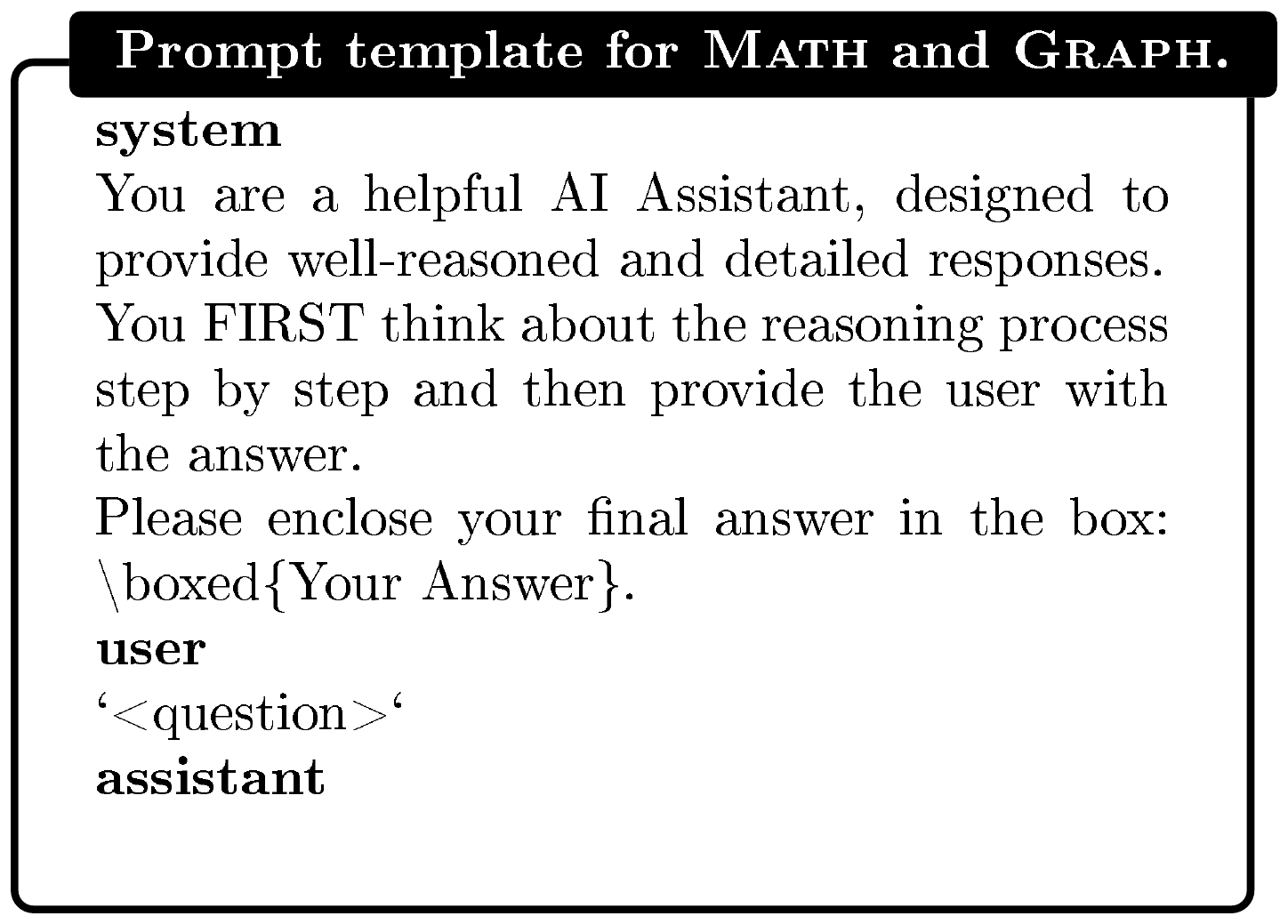 **Figure 8:** **Prompt template used for RL training and evaluation on $\textsc{Math}$ and $\textsc{Graph}$.** The placeholder `<question>` is replaced with the actual mathematical question during fine-tuning and evaluation. Special tokens are omitted for clarity.