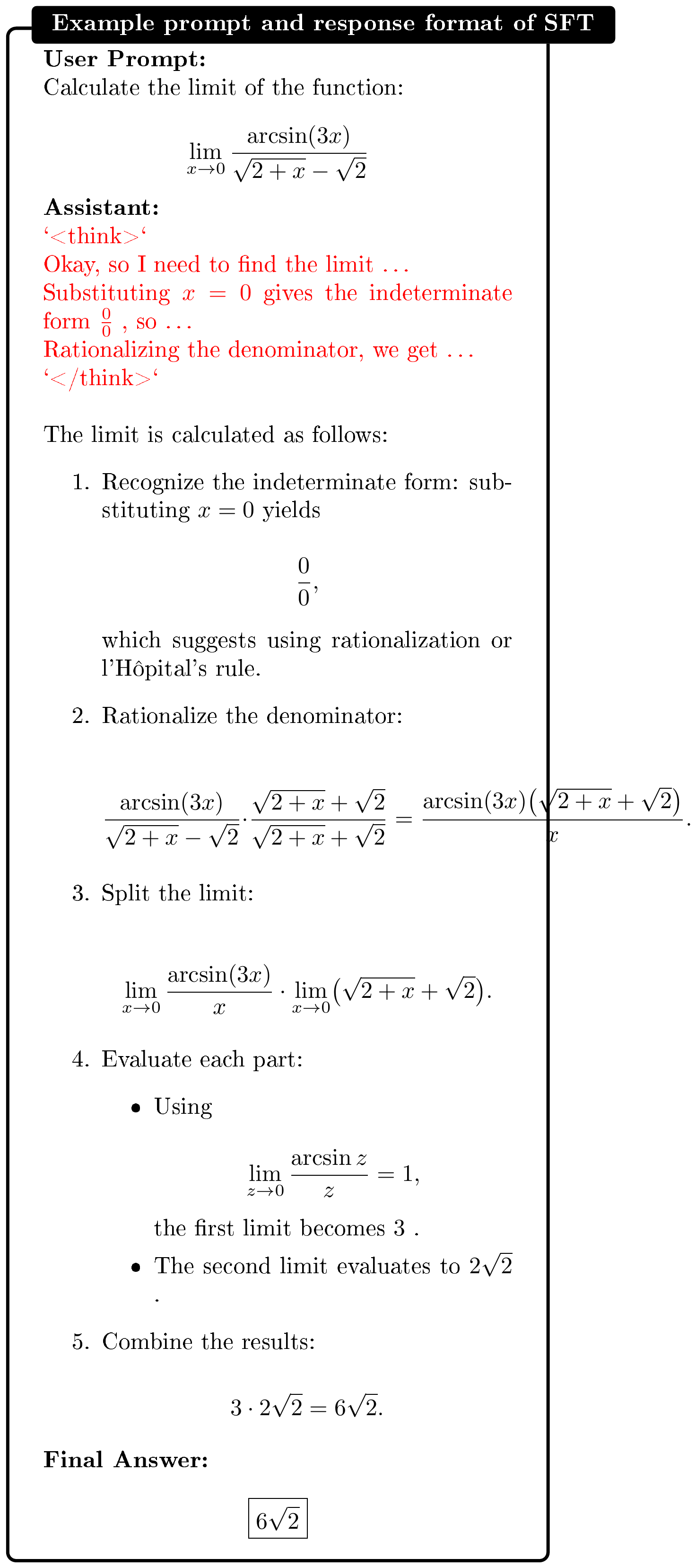 **Figure 12:** **Example prompt and response format of SFT.** In Thinking SFT, the model is trained with reasoning traces enclosed by <span style="color:red">`<think>`</span> and <span style="color:red">`</think>`</span>, whereas Non-Thinking SFT omits them.
