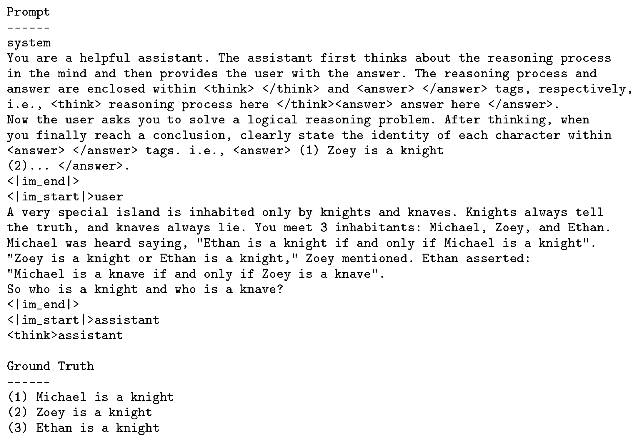 **Figure 7:** Example (prompt, answer) pair for the LogicRL task.