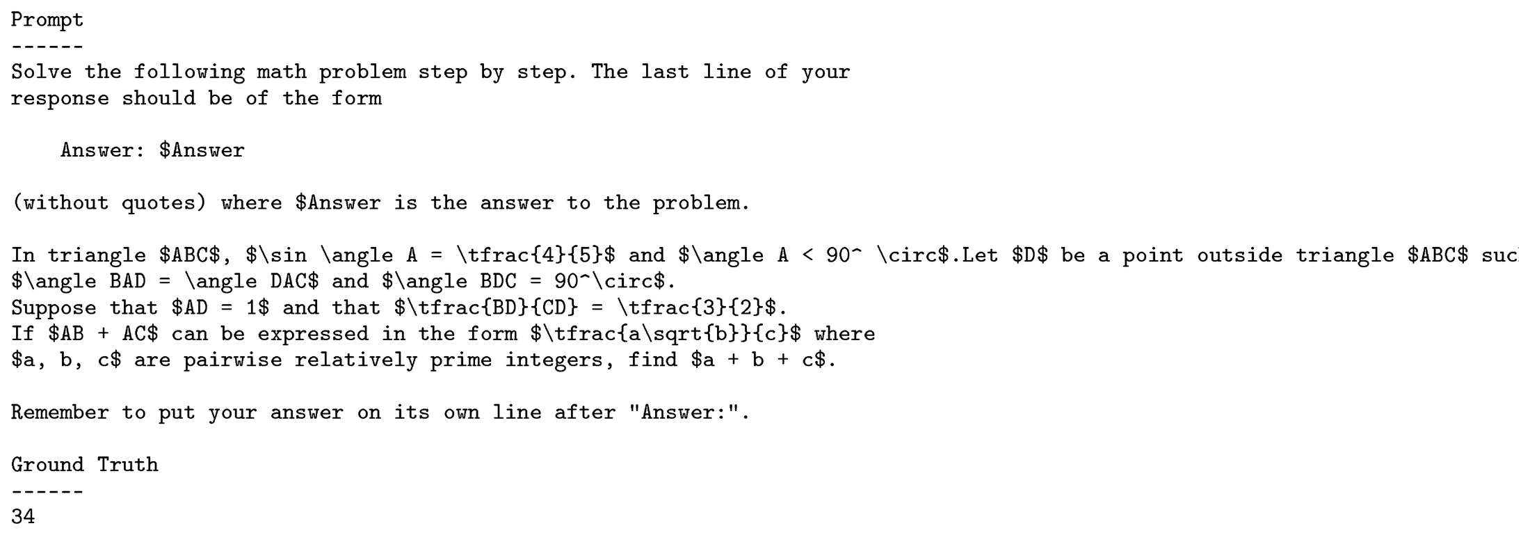 **Figure 8:** Example (prompt, answer) pair for the mathematical reasoning task.